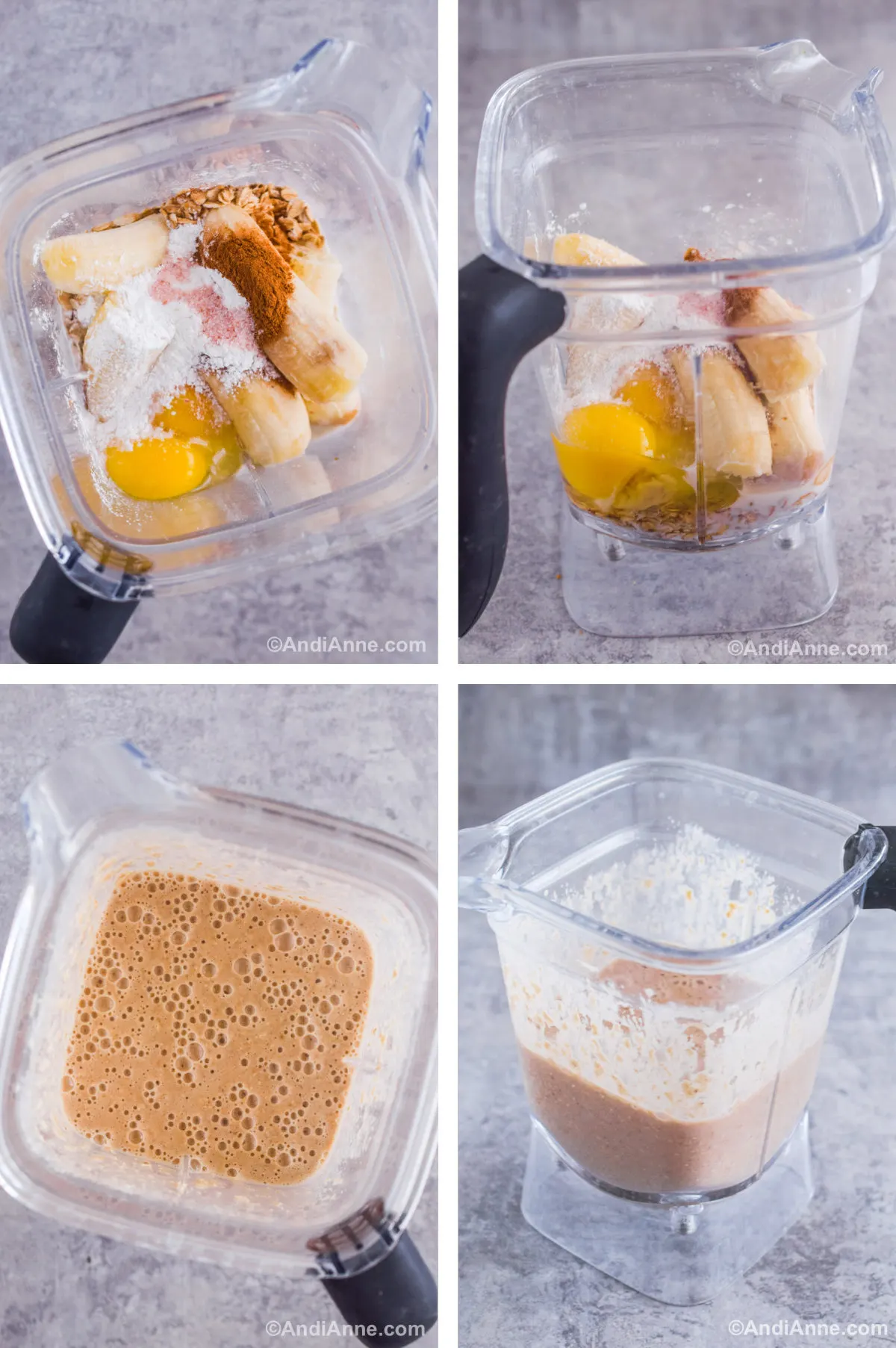 Four images in one: 1. Overhead view of all ingredients in a blender. 2. Side view of ingredients in blender. 3. Overhead view of ingredients blended. 4. Side view of ingredients blended. 
