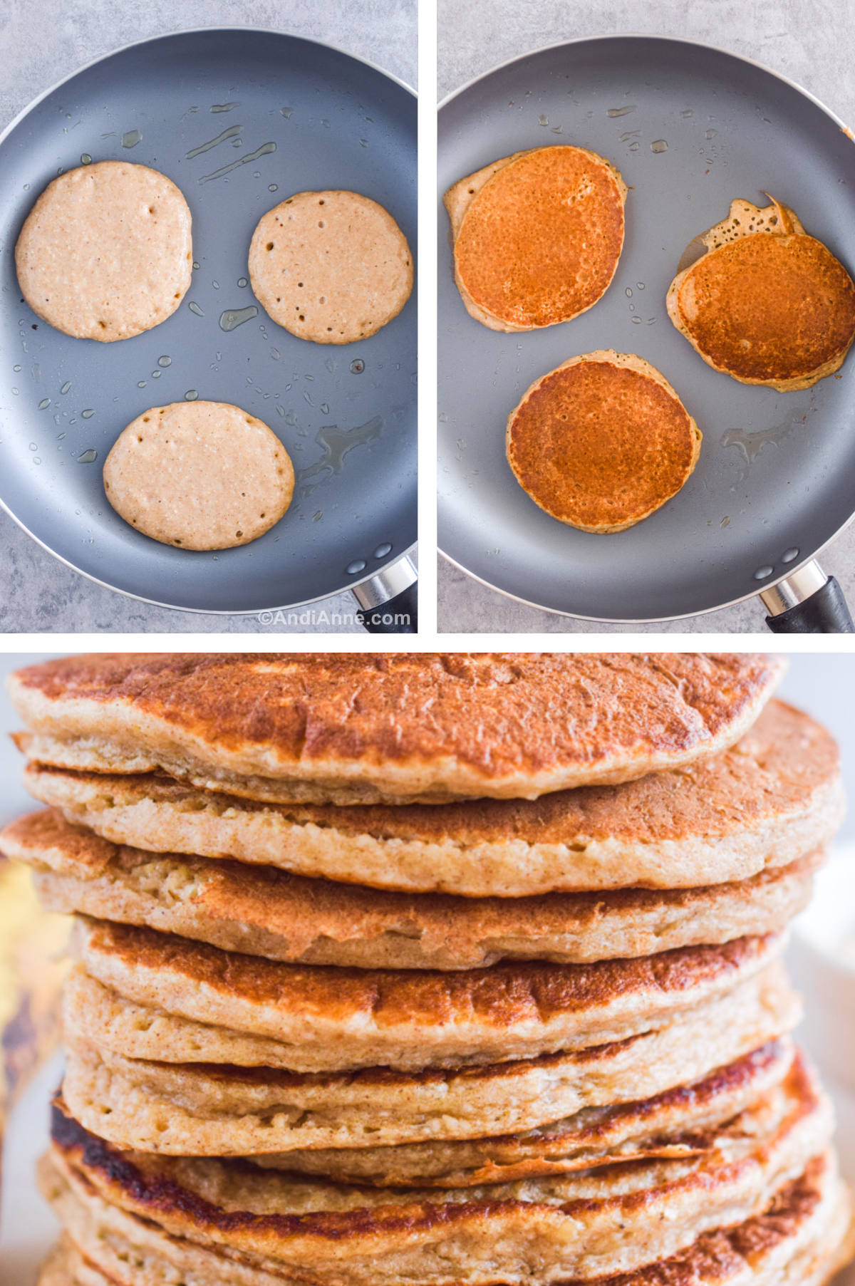Three images in one: 1. Overhead view of pancakes half cooked in frying pan. 2. Overhead view of cooked pancakes in frying pan. 3. Closeup of stacked pancakes. 