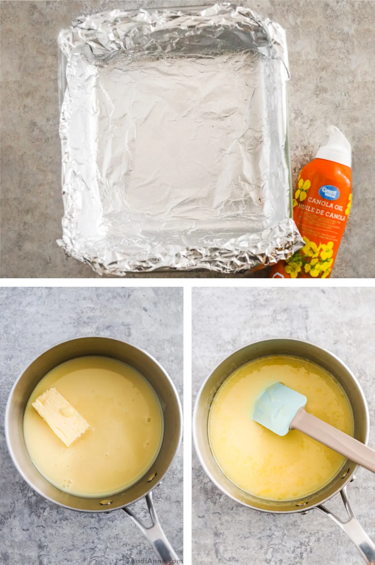 Three overhead images in one: 1. 8x8 inch pan lined with foil. A non stick cooking spray can to the side. 2. Steel pot with butter added to sweetened condensed milk. 3. Butter is melted in sweetened condensed milk.