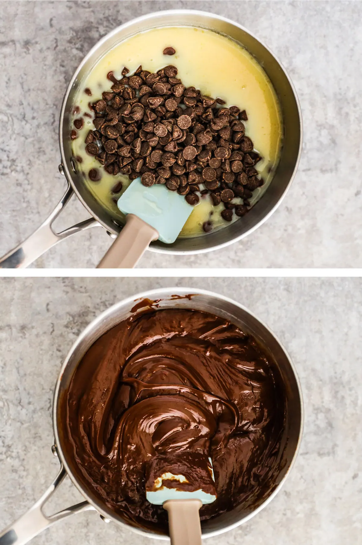 Two overhead images in one: 1. Chocolate chips are added to the milk and butter mixture. 2. Chocolate chips are melted into the mixture and stirred with a spatula. 