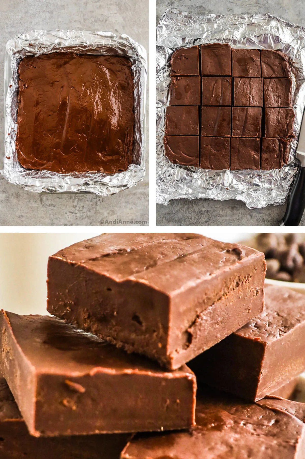 Three overhead images in one: 1. Fudge mixture is poured into the baking pan. 2. Fudge is cooled and cut into squares. 3. Closeup of slices of fudge stacked. 