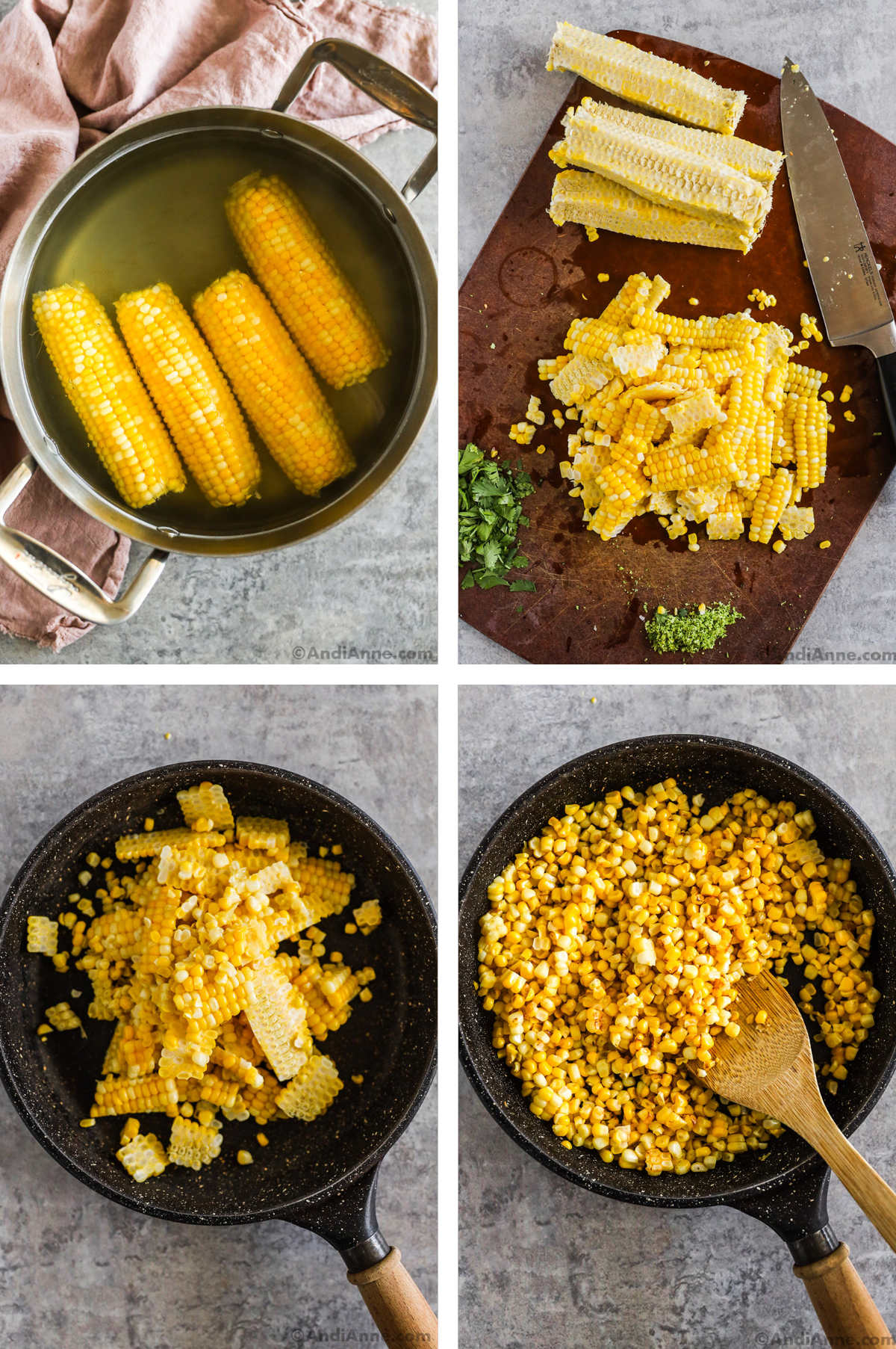 Four overhead images in one: 1. Boiled corn cobs in a pot of water. 2. Corn cut off the core with a chef knife on a cutting board. 3. Corn placed in a frying pan. 4. Corn in frying pan has been browned. 