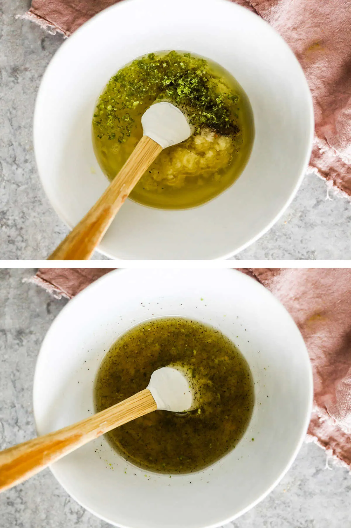 Two overhead images in one: 1. olive oil, lime, garlic, salt, pepper are added to a white bowl. 2. All ingredients are mixed with a small spatula. 