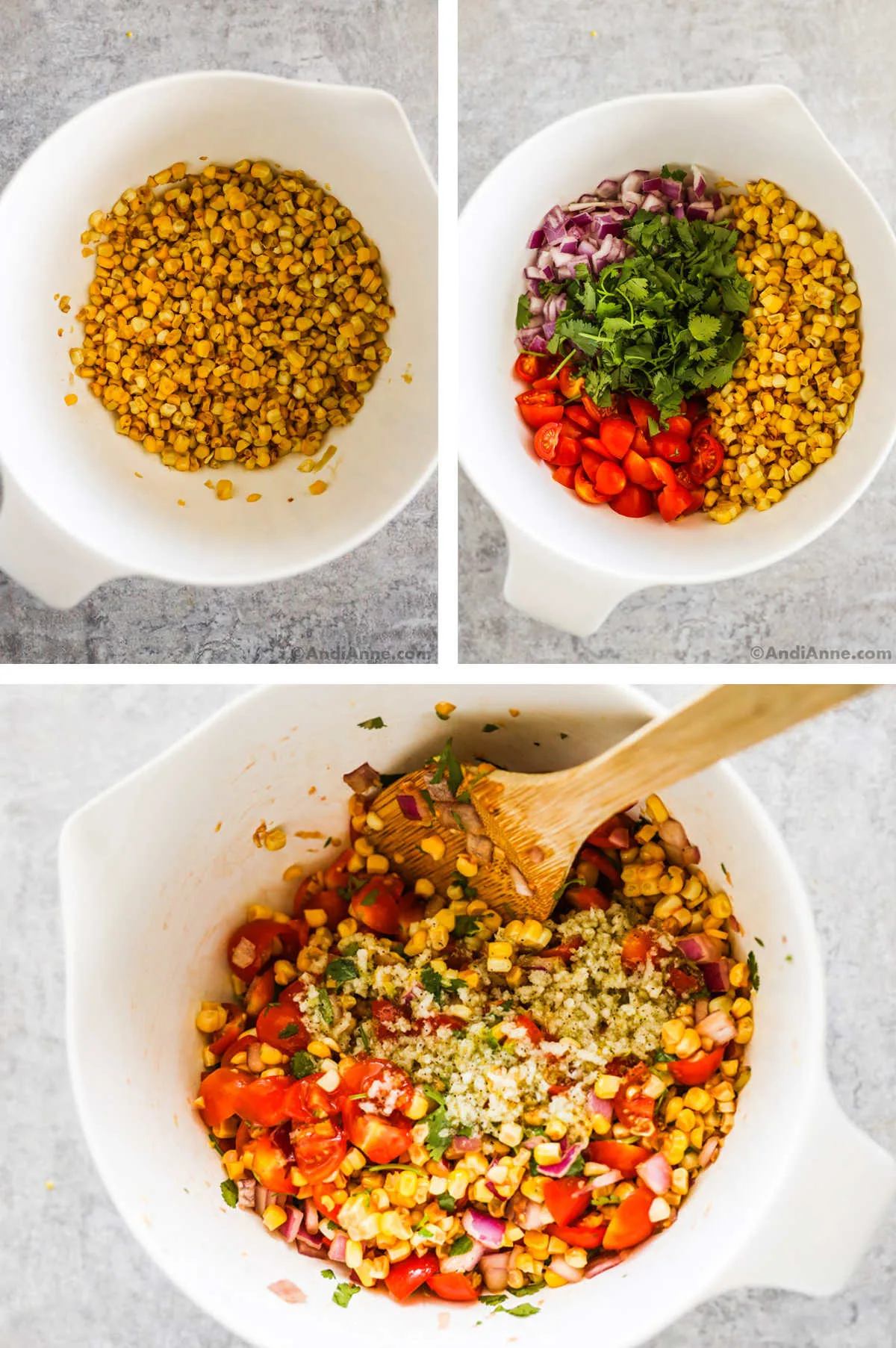 Three overhead images in one: 1. Corn is added to a white bowl. 2. Tomatoes, onion and cilantro are added to the bowl. 3. Salad dressing is added and Ingredients are mixed. 