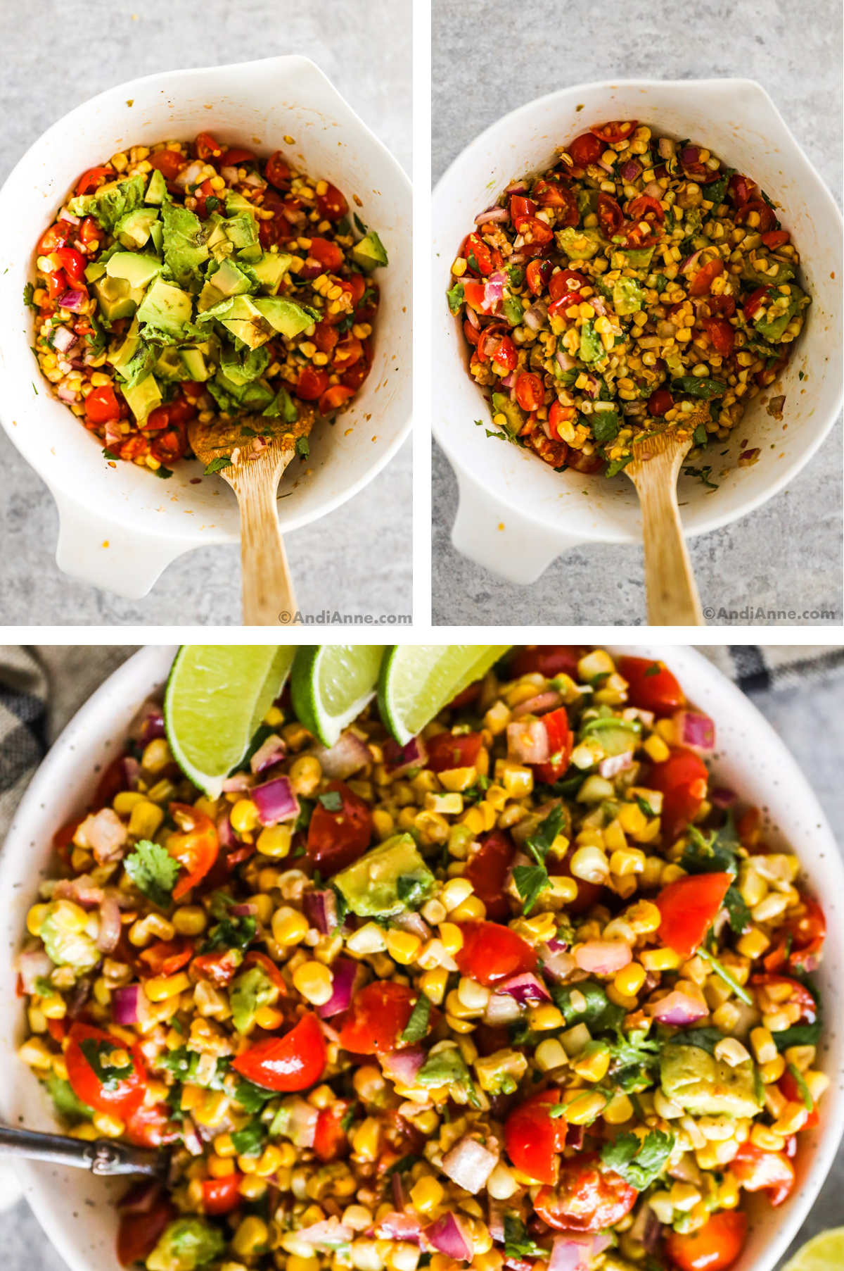 Three overhead images in one: 1. Avocado is added. 2. Avocado is mixed in. 3. Closeup of finished salad with three slices of lime at top of bowl. 