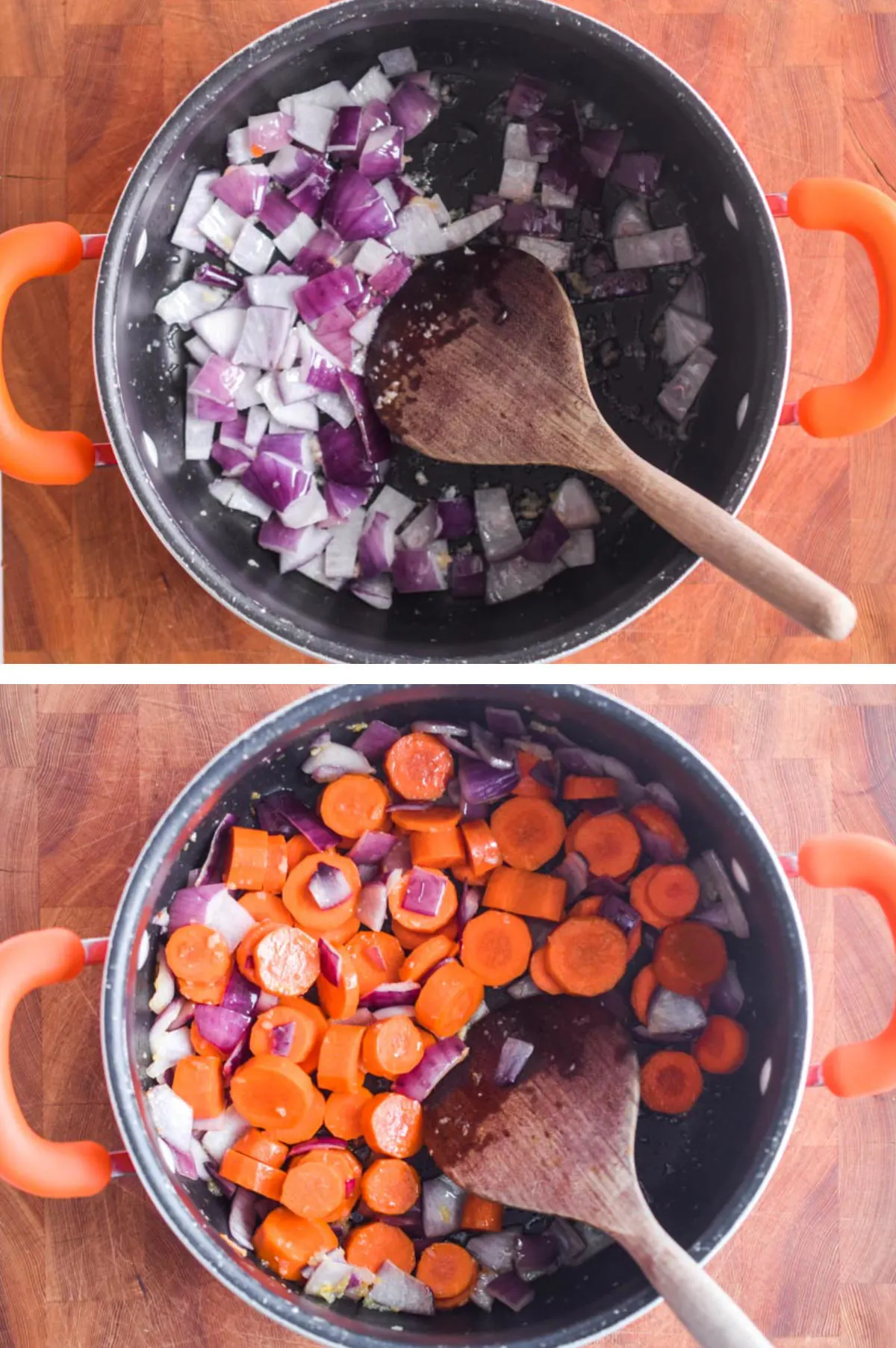 Two overhead images in one: 1. Minced garlic, chopped onion and cooking oil in a pot. 2. Carrots are added to the pot and sautéed.
