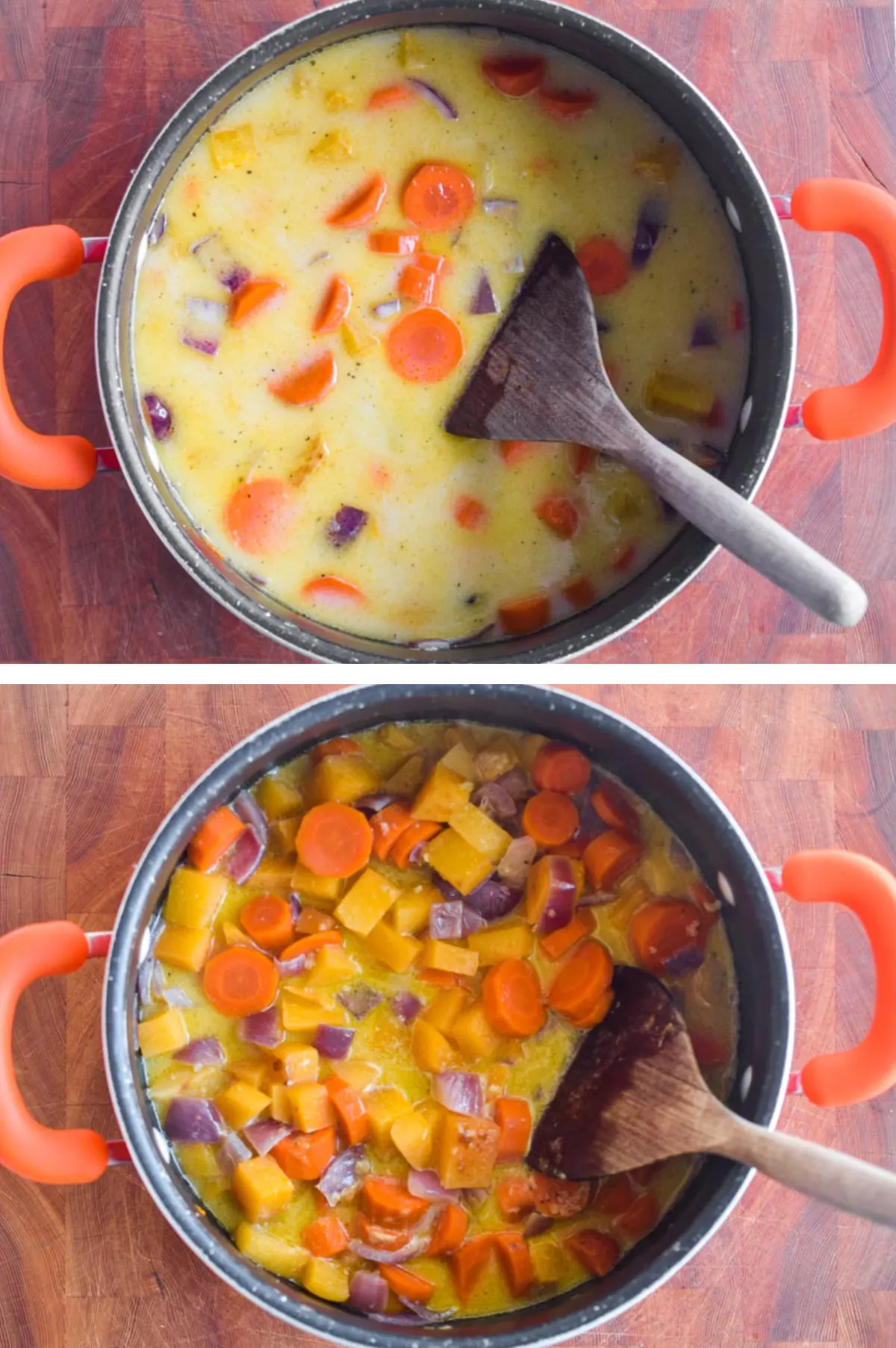 Two overhead images in one: 1. Roasted rutabaga, vegetable broth, heavy cream, salt and pepper are added to the pot. 2. Ingredients have been simmered for 20 minutes and stirred. 