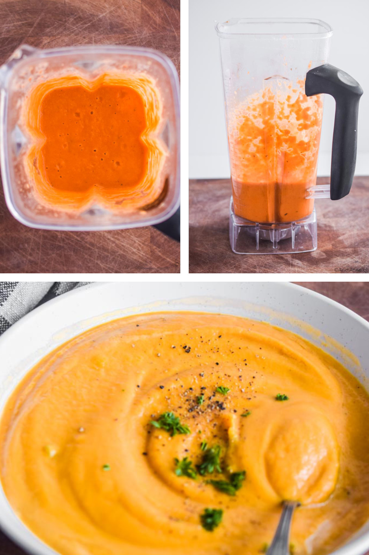 Three images in one: 1. Overhead view of soup in a blender. 2. Side view of soup blended in a blender. 3. Closeup of the blended soup in a white bowl garnished with parsley, salt and pepper. 