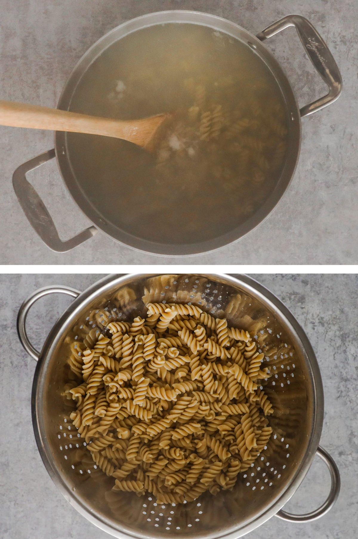 Two overhead images in one: 1. Pasta cooking in pot. 2. Pasta in strainer after being rinsed in cool water. 