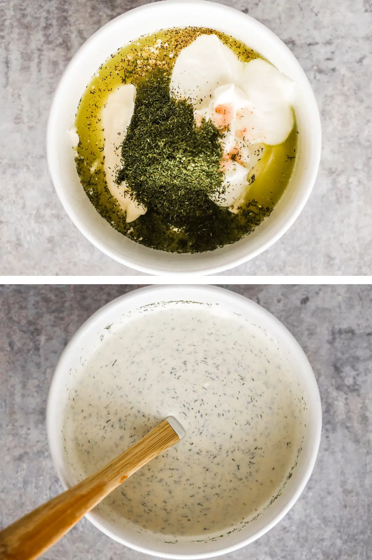 Two overhead images in one: 1. All the dressing ingredients added to a bowl. 2. All the dressing ingredients mixed together. 