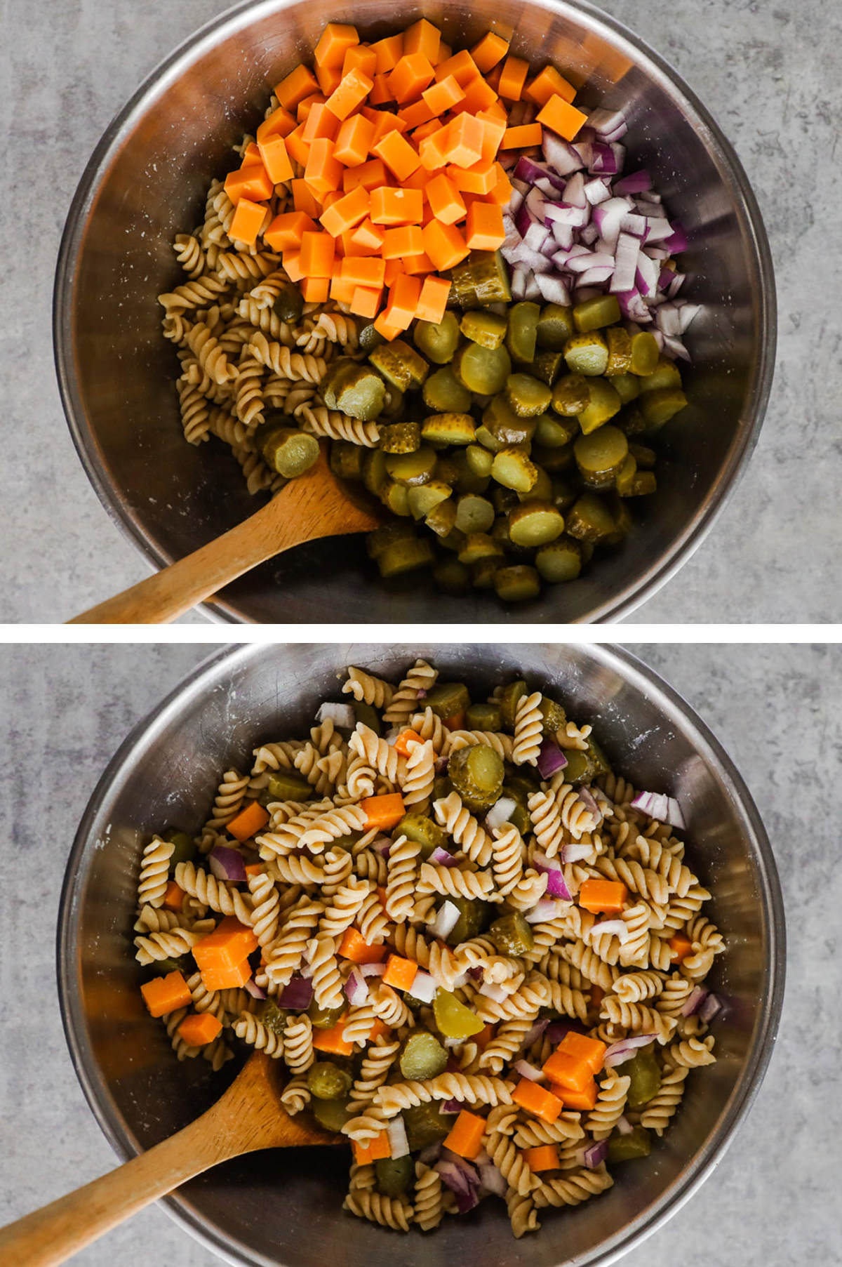 Two overhead images in one: 1. Cooled pasta is added to a large steel bowl with pickles, onion and cheese. 2. These ingredients are mixed with a wooden spoon. 