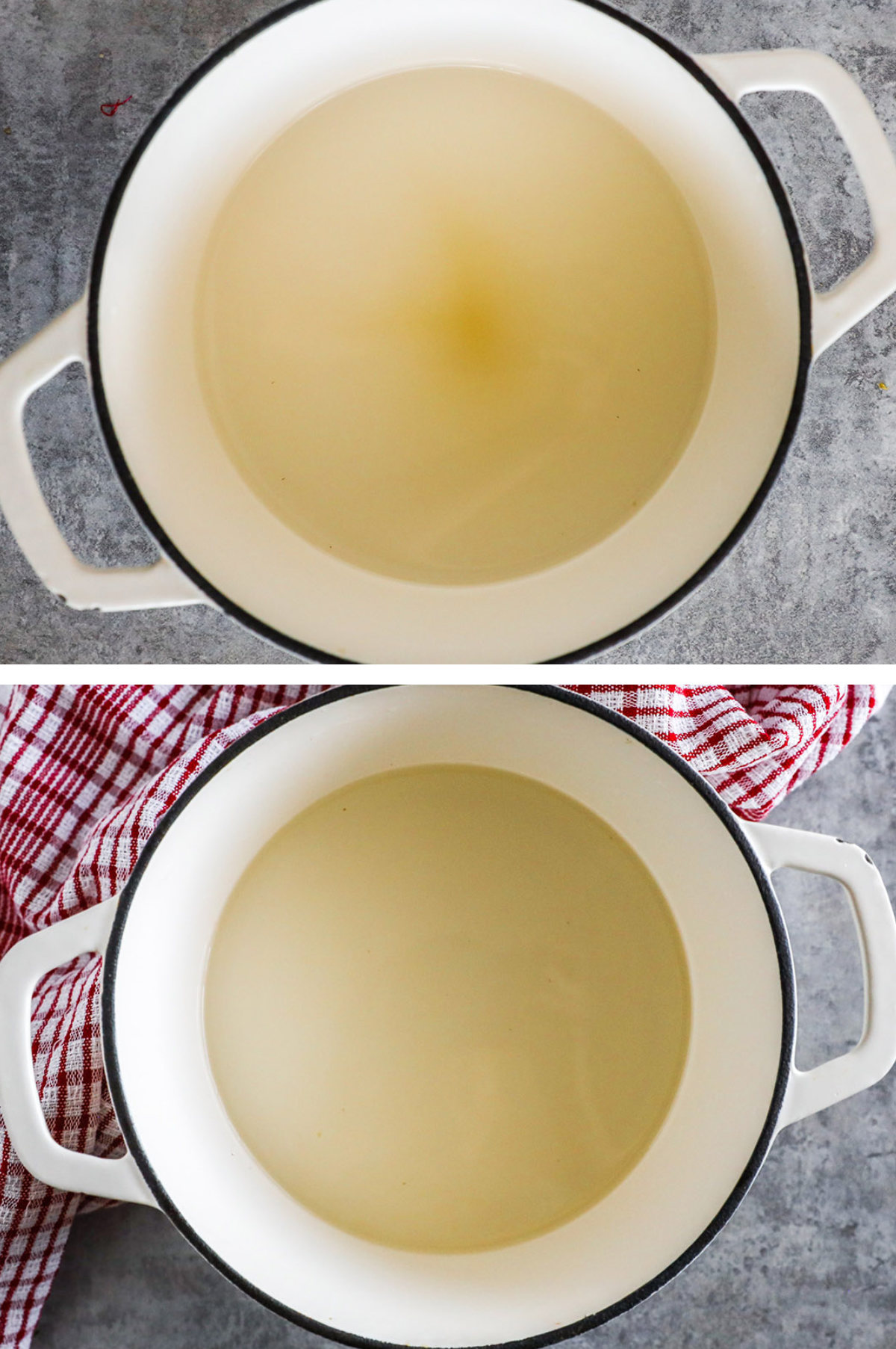 Two overhead images in one: 1. White pot with water and sugar. 2. White pot with sugar dissolved. 