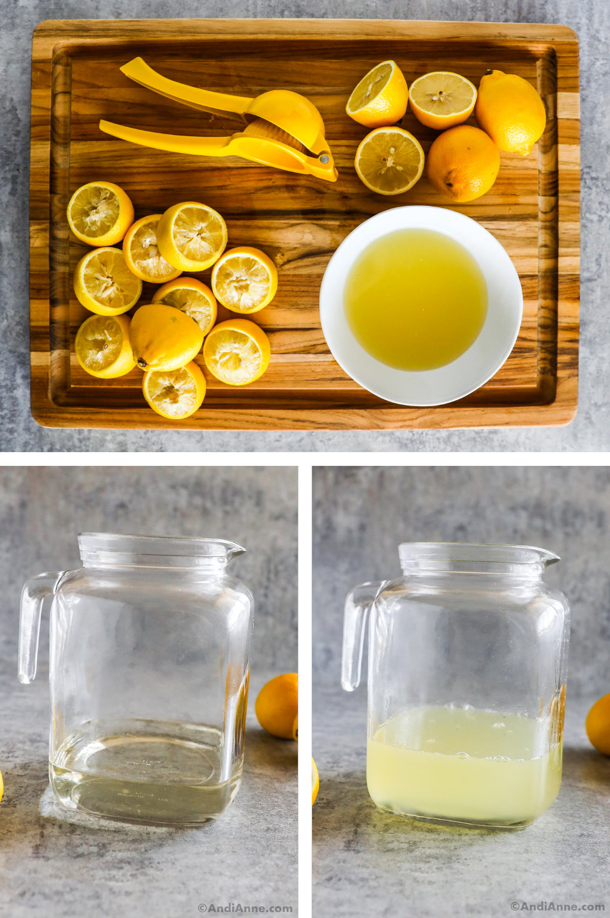 Three overhead images in one: 1. Cutting board with squeezed lemons, lemon juice in a bowl and a hand juicer. 2. Pitcher with sugar water. 3. Pitcher with lemon juice added to sugar water. 