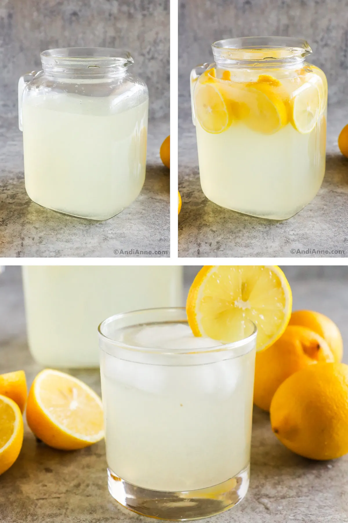Three overhead images in one: 1. Water added to fill pitcher. 2. Lemons and ice added to pitcher. 3. Closeup of lemonade in a glass with lemon slice on rim. Lemons and the pitcher are in the background. 