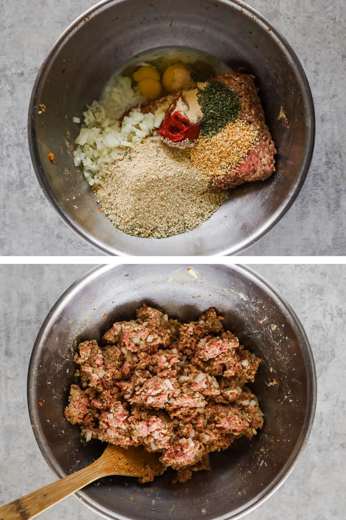 Two overhead images in one: 1. Ground beef, onion, bread crumbs, milk, eggs, tomato paste, garlic powder, onion powder and dried parsley are added to a steel bowl. 2. Ingredients are mixed with wooden spoon. 