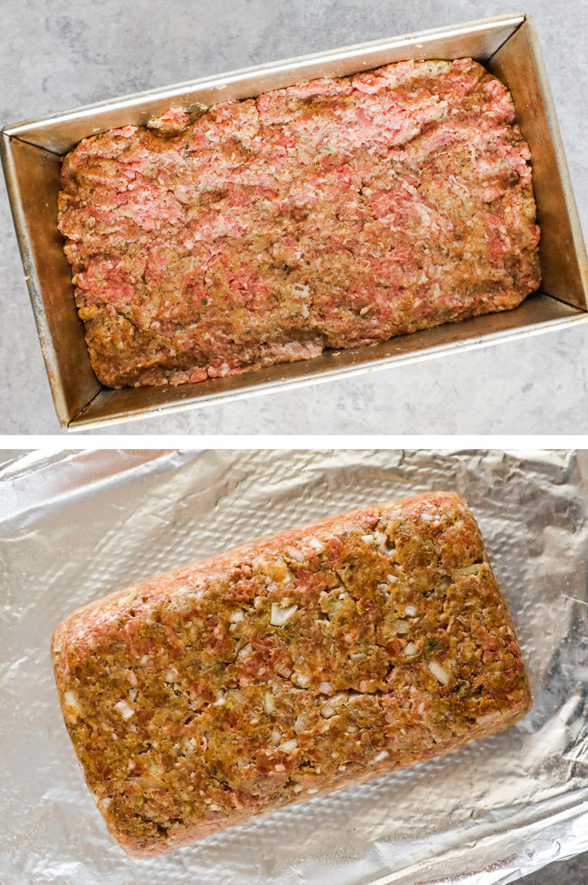 Two overhead images in one: 1. Loaf is packed into a loaf pan. 2. Loaf is flipped and placed on foil on a baking sheet. 