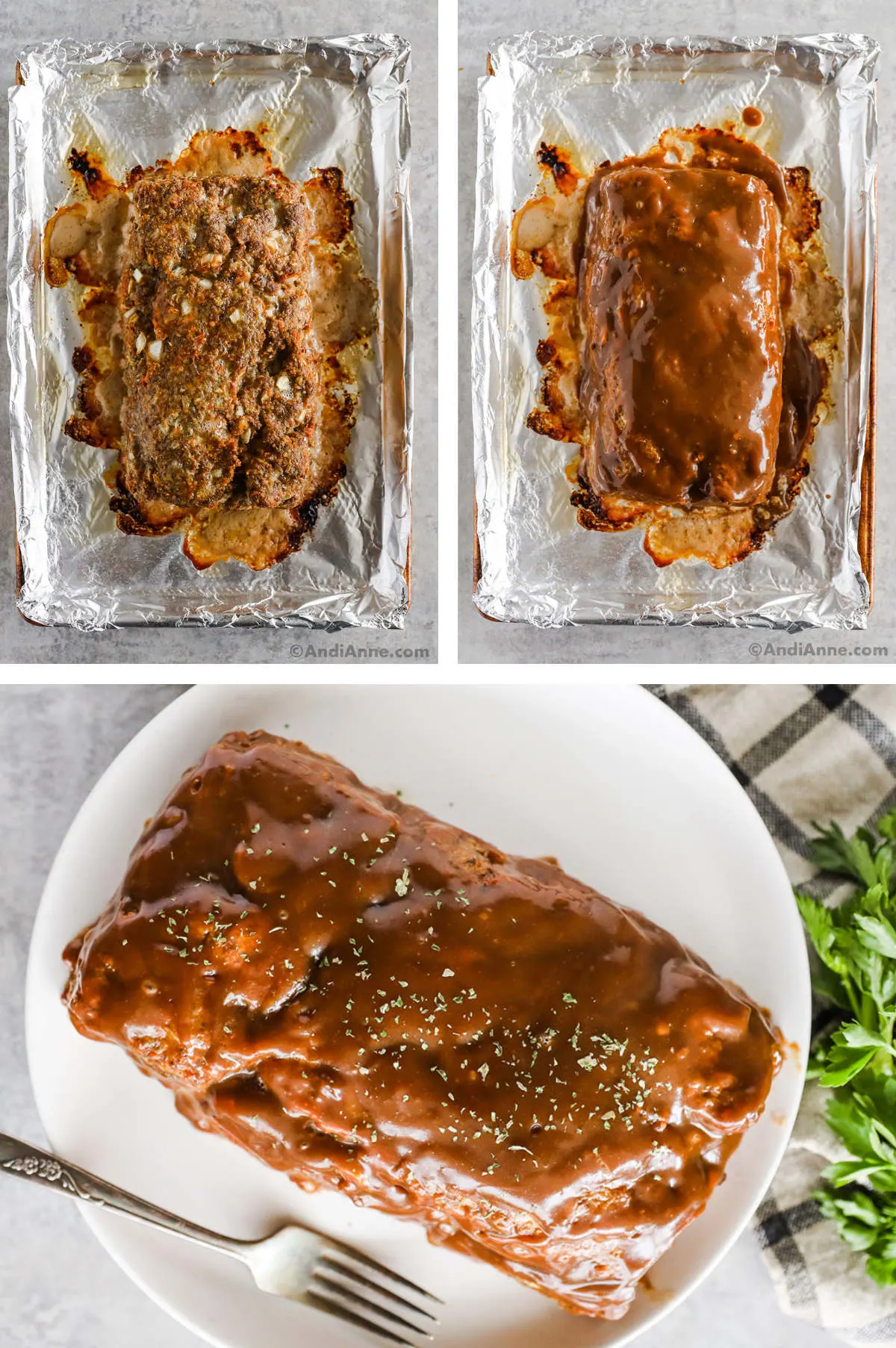 Three overhead images in one: 1. Meatloaf is out of the oven and cooked. 2. Gravy is added to meatloaf. 3. Meatloaf is transferred to a white plate with fork at the side. 