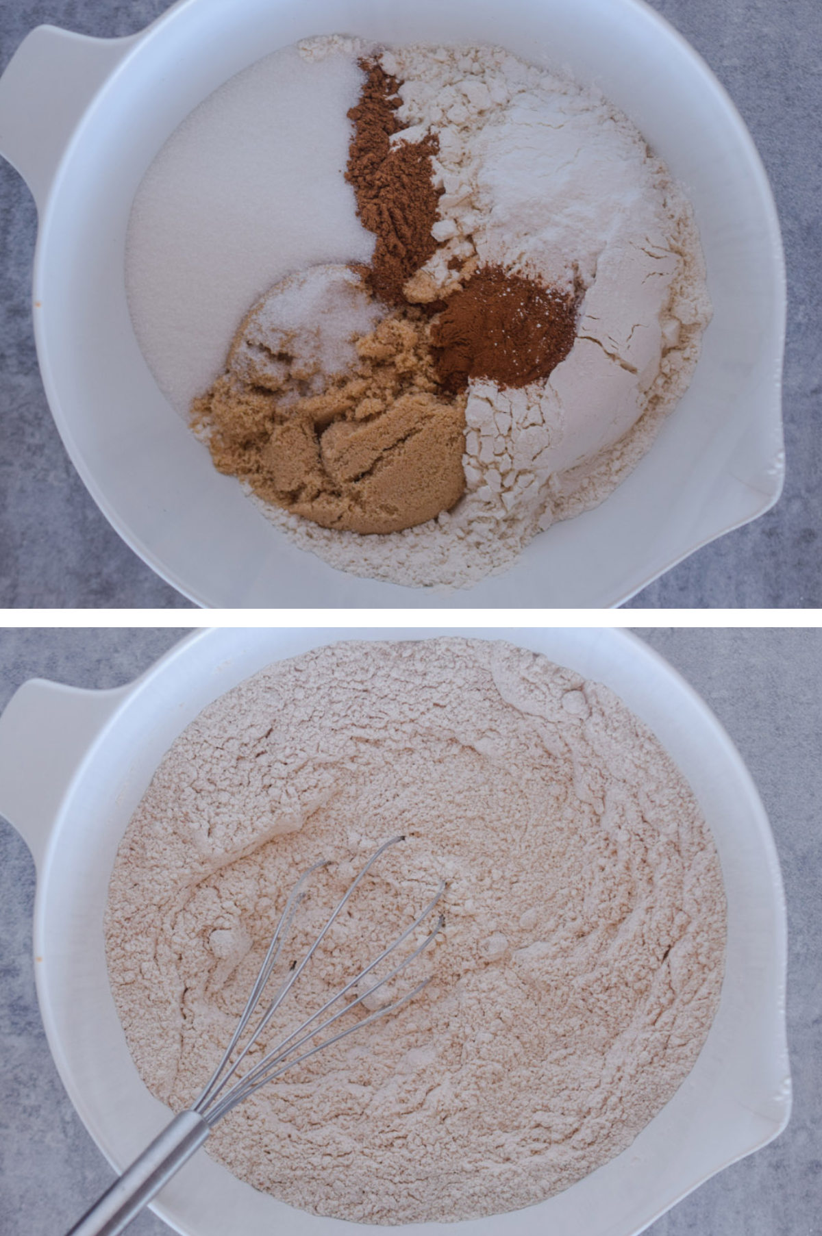Two overhead images in one: 1. All the dry ingredients are added to a large white bowl. 2. All ingredients are mixed. 