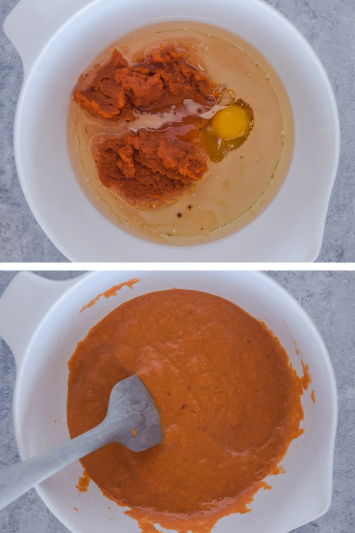 Two overhead images in one: 1. All the wet ingredients are added to a separate large white bowl. 2. All wet ingredients are mixed. 