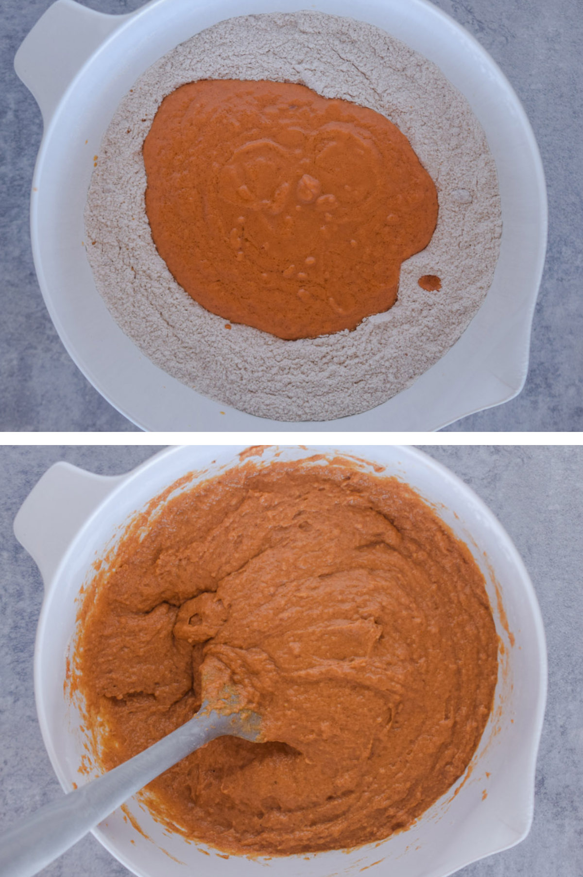Two overhead images in one: 1. Wet ingredients are added to the dry. 2. Wet ingredients are mixed with dry ingredients. 