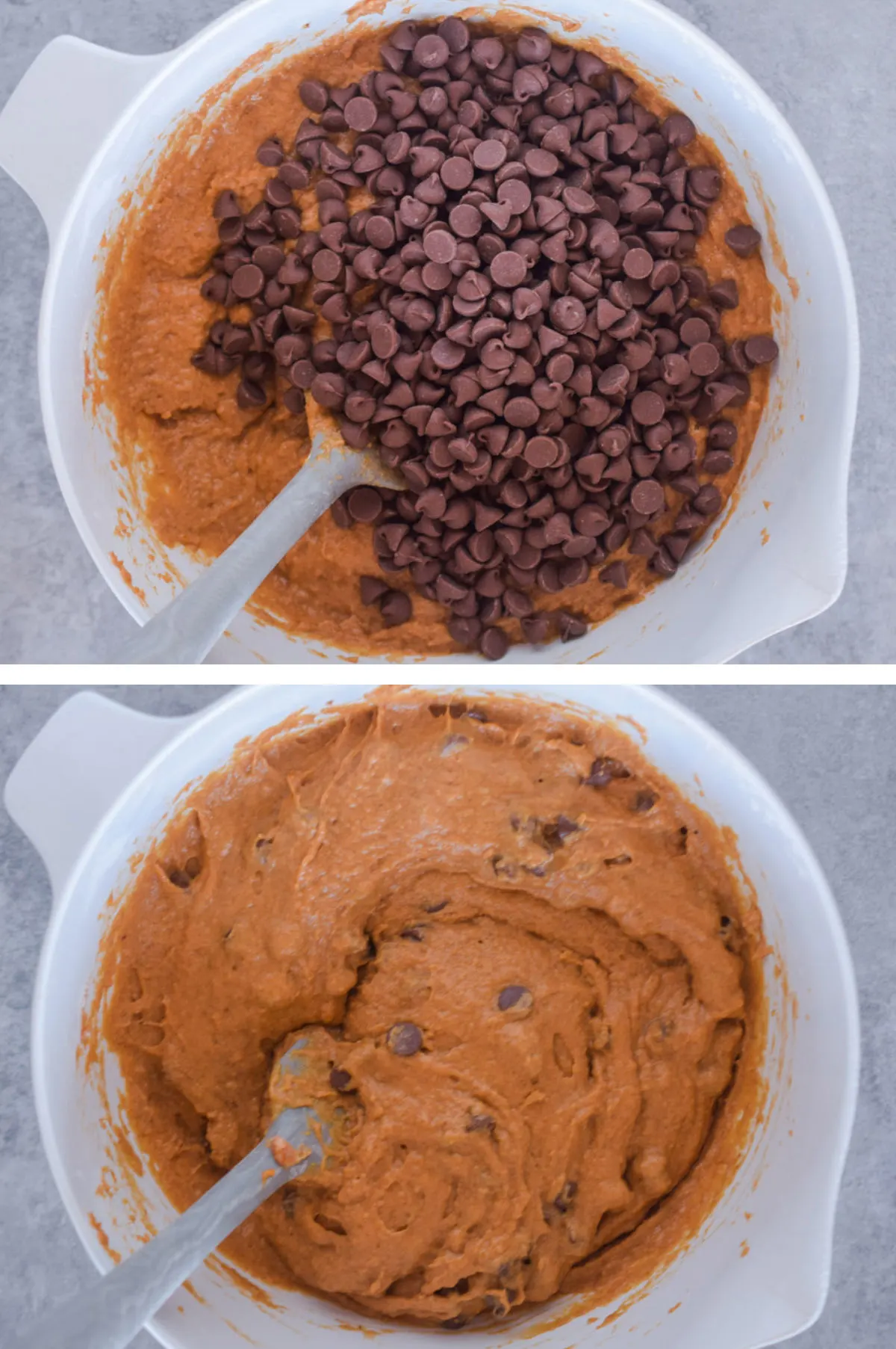 Two overhead images in one: 1. Chocolate chips are added to the batter. 2. Chocolate chips are folded into the batter. 