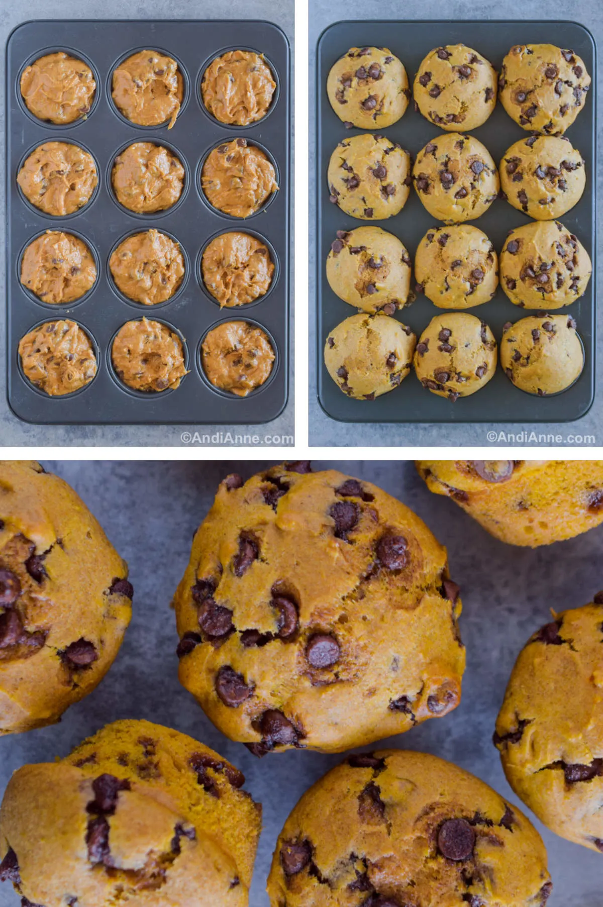 Three overhead images in one: 1. Batter is placed into muffin tray. 2. Baked muffins in the tray. 3. Closeup of muffins pulled from the tray. 