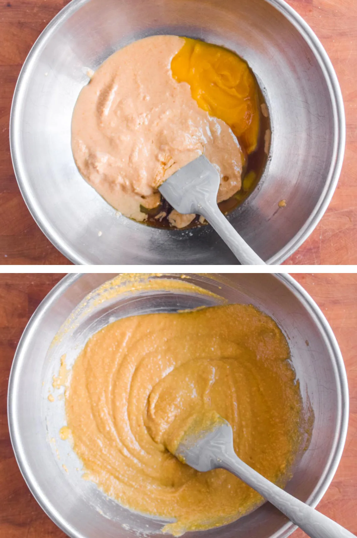 Two overhead images in one: 1. Tahini, pumpkin puree and maple syrup are added to a steel bowl. 2. Ingredients are mixed with a spatula.