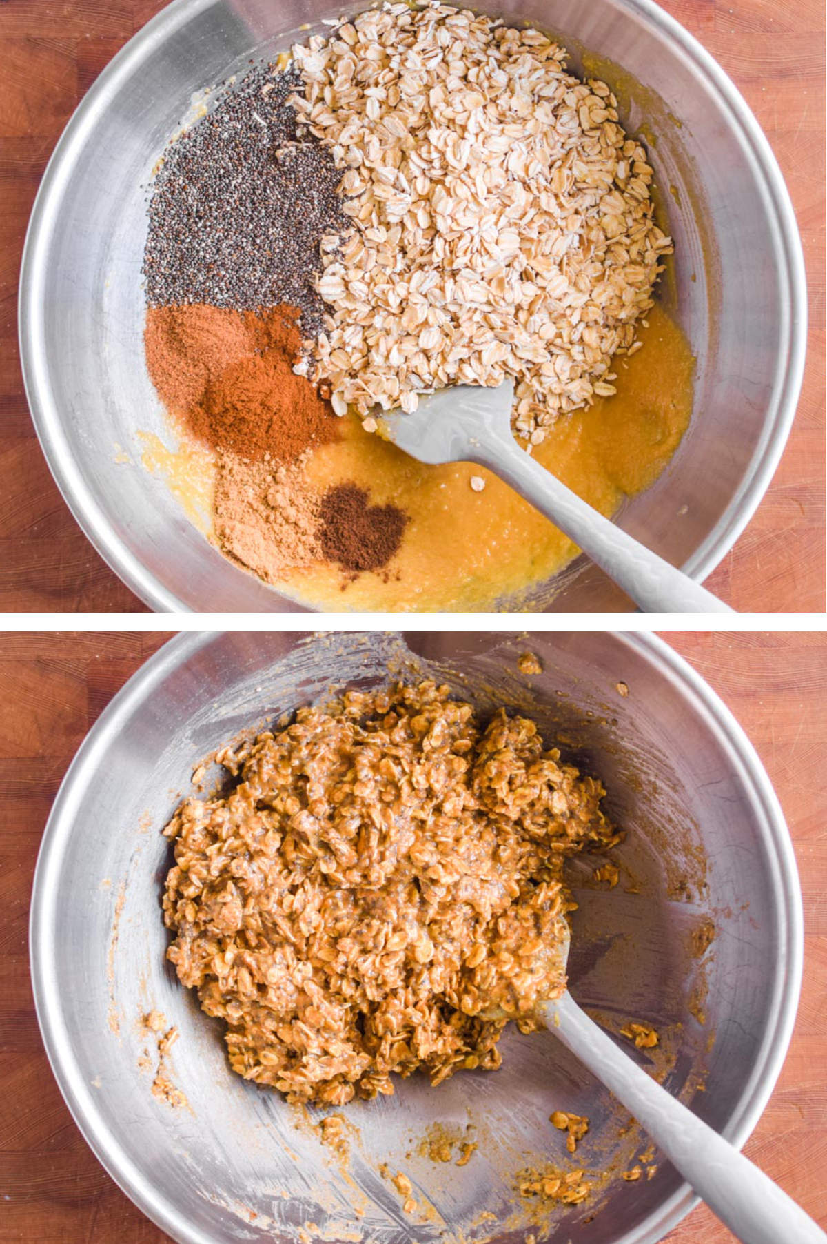 Two overhead images in one: 1. Rolled oats, chia seeds and pumpkin spice are added to the mixture. 2. Ingredients are mixed with a spatula. 