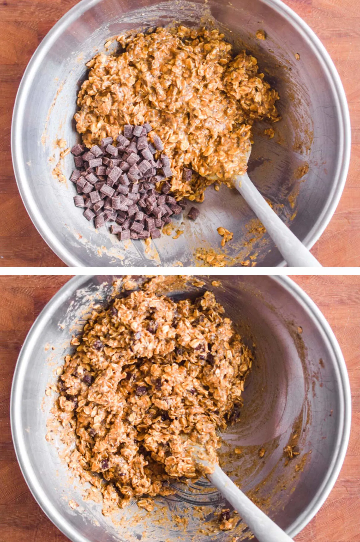Two overhead images in one: 1. Chocolate chips are added to the mixture. 2. Chocolate chips are folded into the mixture. 