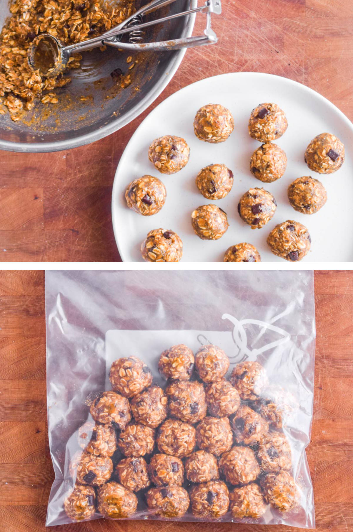 Two overhead images in one: 1. A cookie scoop is used to make the batter into balls which are placed on a white plate. 2. Finished pumpkin oat energy balls are placed side-by-side in a Ziploc bag. 