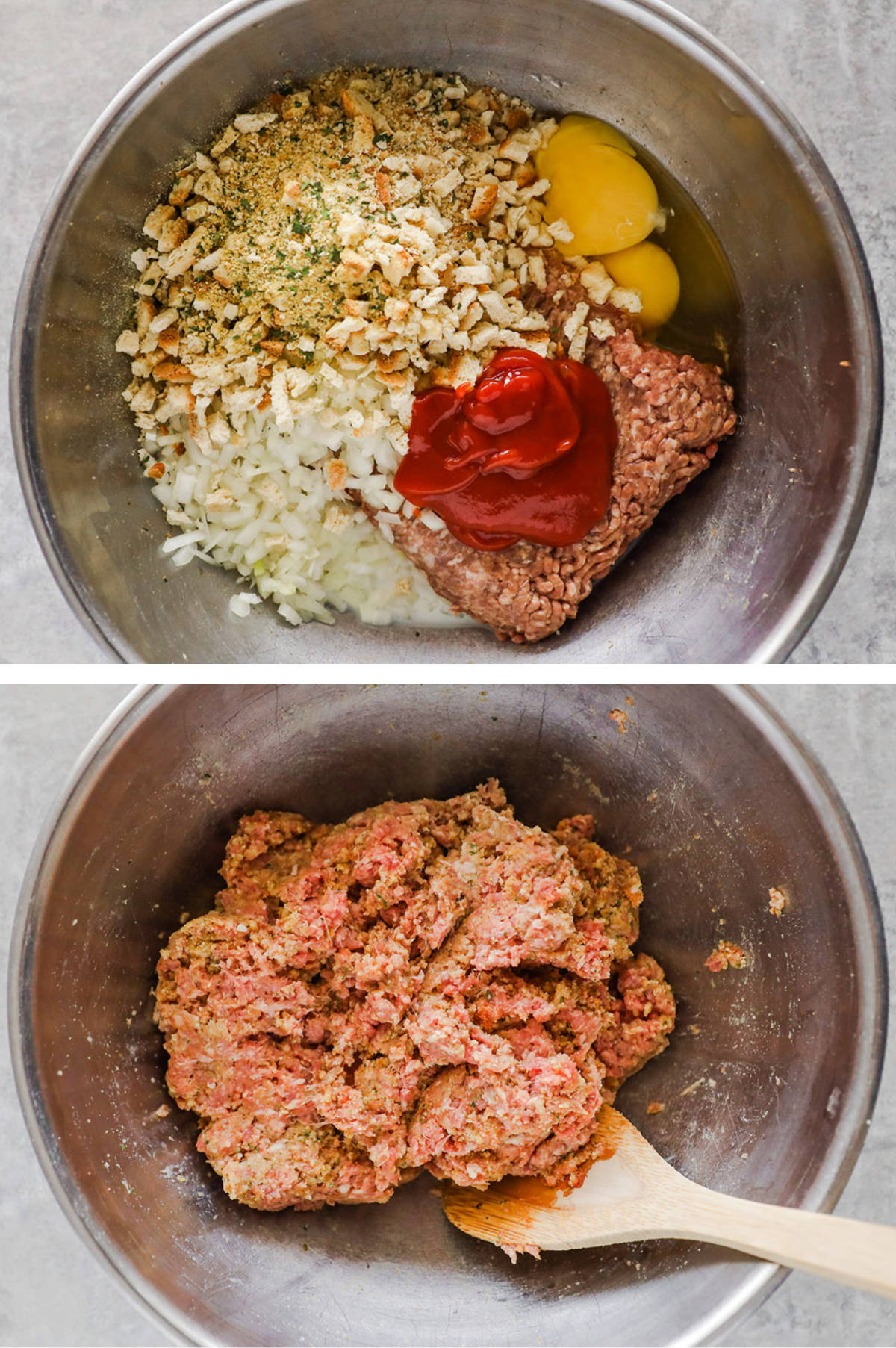 Two overhead images in one: 1. All the ingredients added to a steel bowl. 2. All the ingredients mixed.