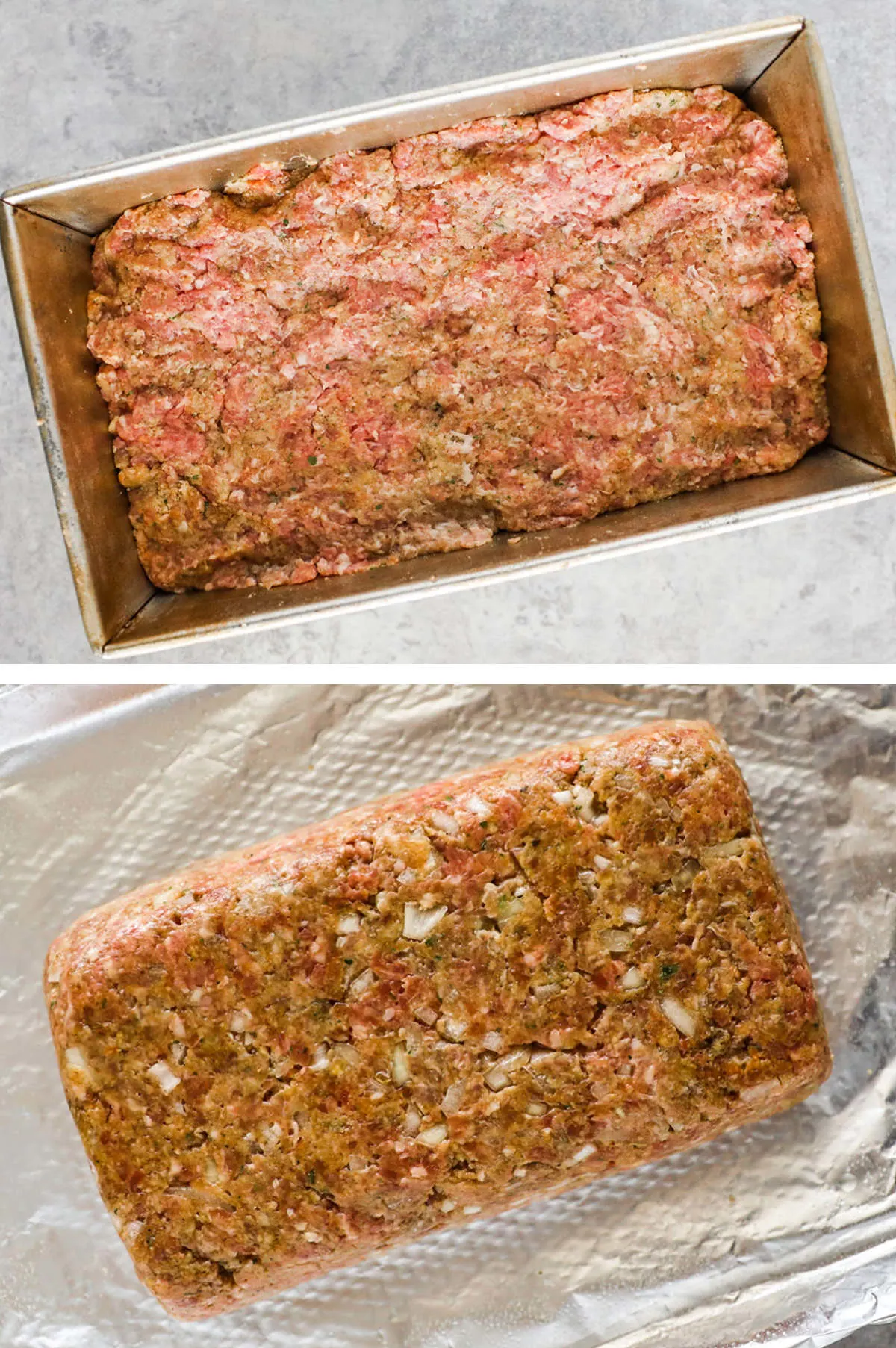 Two overhead images in one: 1. Meatloaf packed into a loaf pan. 2. Meatloaf flipped onto a baking sheet covered with foil. 