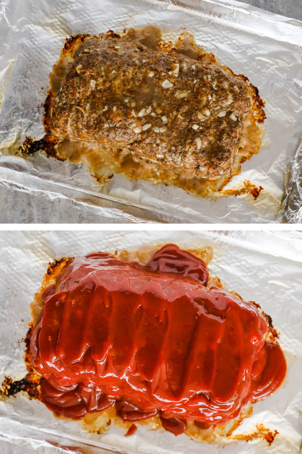 Two overhead images in one: 1. Meatloaf is baked. 2. Sauce is added to the top. 