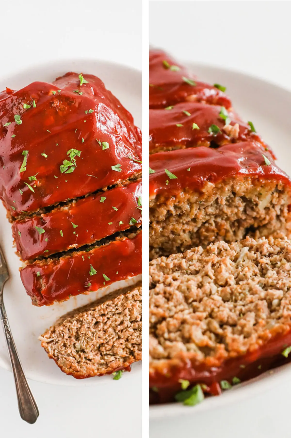 Two overhead images in one: 1. Finished meatloaf is on a plate, sliced into four pieces with a fork on the side. 2. Closeup of sliced meatloaf. 