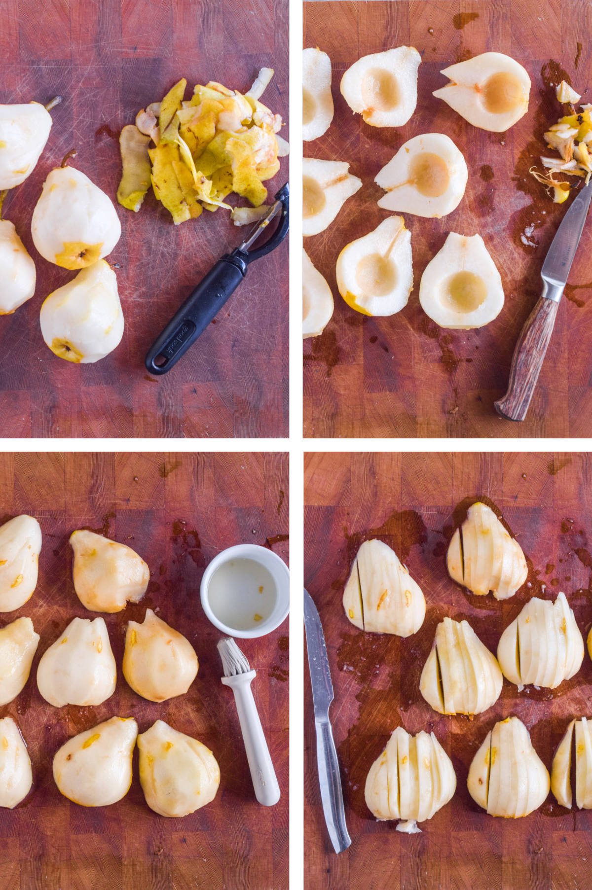 Four overhead images in one: 1. Pears peeled with vegetable peeler. 2. Pears sliced in half. 3. Pears brushed with lemon juice. 4. Pears sliced thin.