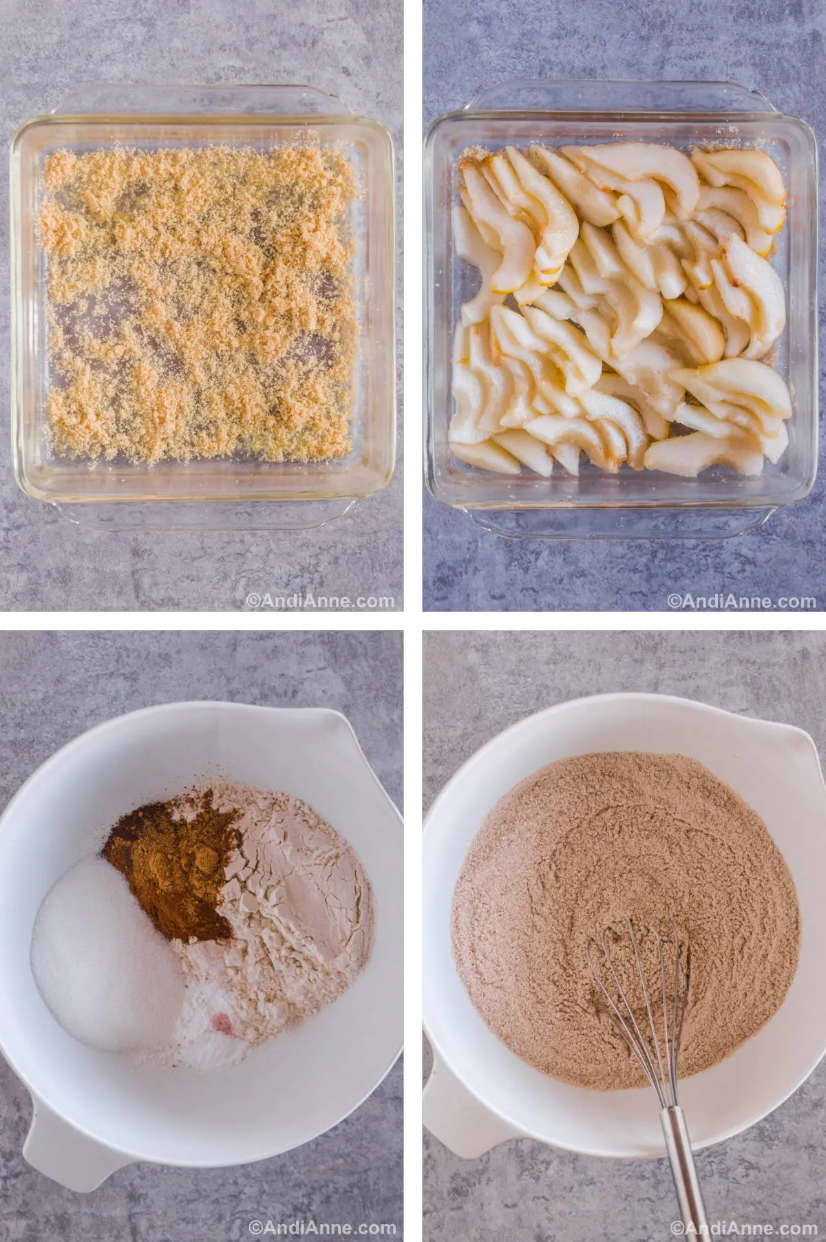 Four overhead images in one: 1. Butter and brown sugar in a baking dish. 2. Pear slices placed on top of sugar and butter. 3. Dry ingredients added to a bowl. 4. Dry ingredients mixed. 