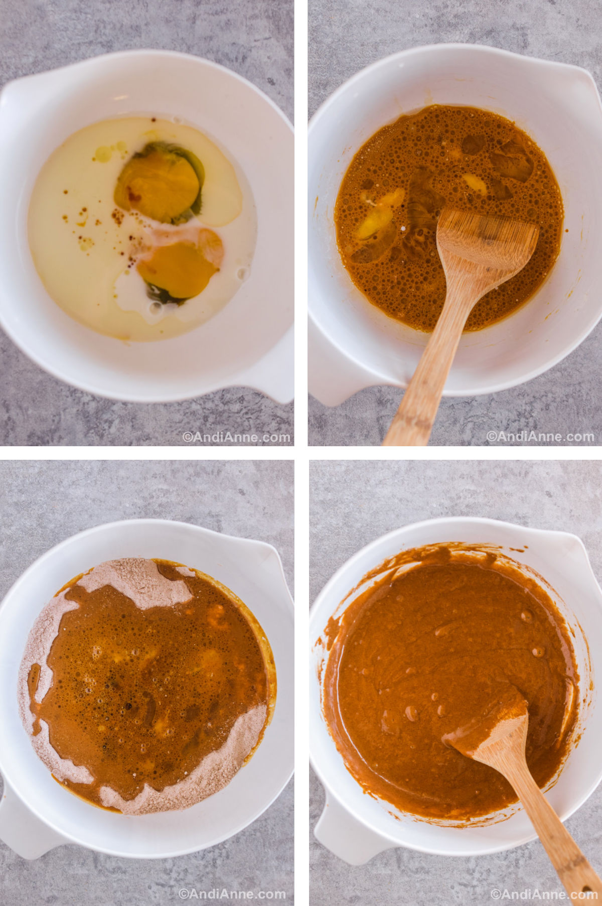 Four overhead images in one: 1. Wet ingredients added to a bowl. 2. Wet ingredients are mixed. 3. Dry ingredients are added to wet. 4. Wet and dry ingredients are mixed. 