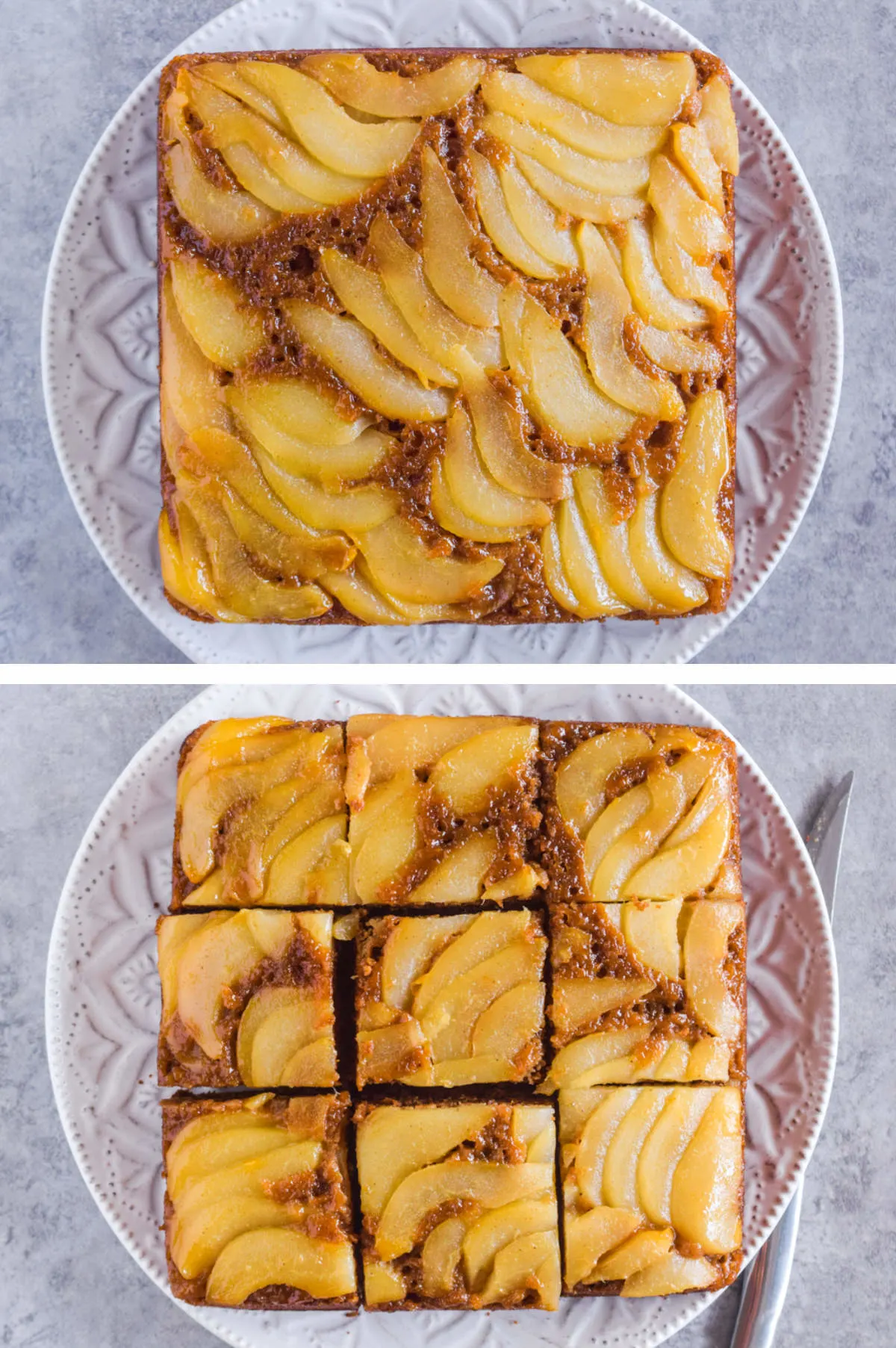 Two overhead images in one: 1. Cake is flipped upside-down and placed on a plate. 2. Cake is sliced into squares. 