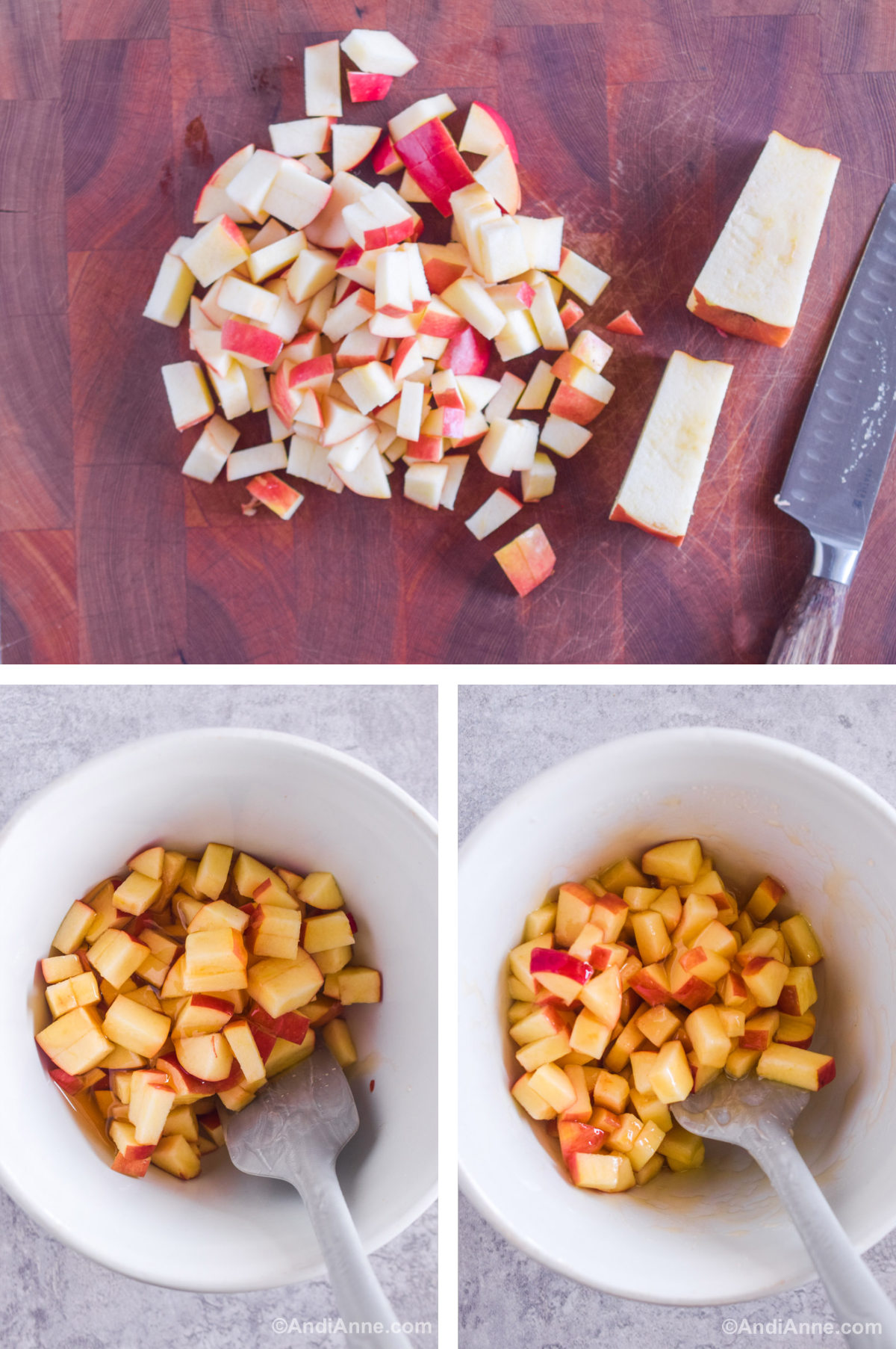 Three overhead images in one: 1. Chopped apples on a cutting board with a knife on the side. 2. Chopped apples in a bowl. 3. Chopped apples in a bowl with honey. 