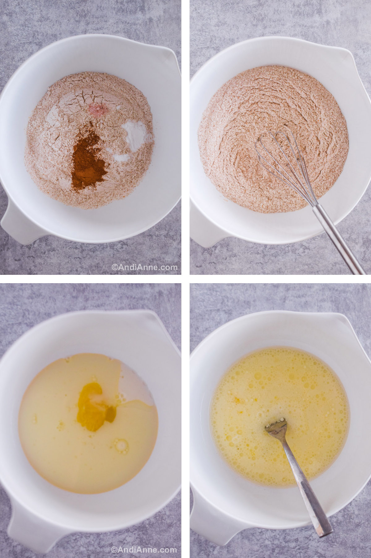 Four overhead images in one: 1. Dry ingredients in a white bowl. 2. Dry ingredients mixed. 3. Wet ingredients in a bowl. 4. Wet ingredients mixed. 