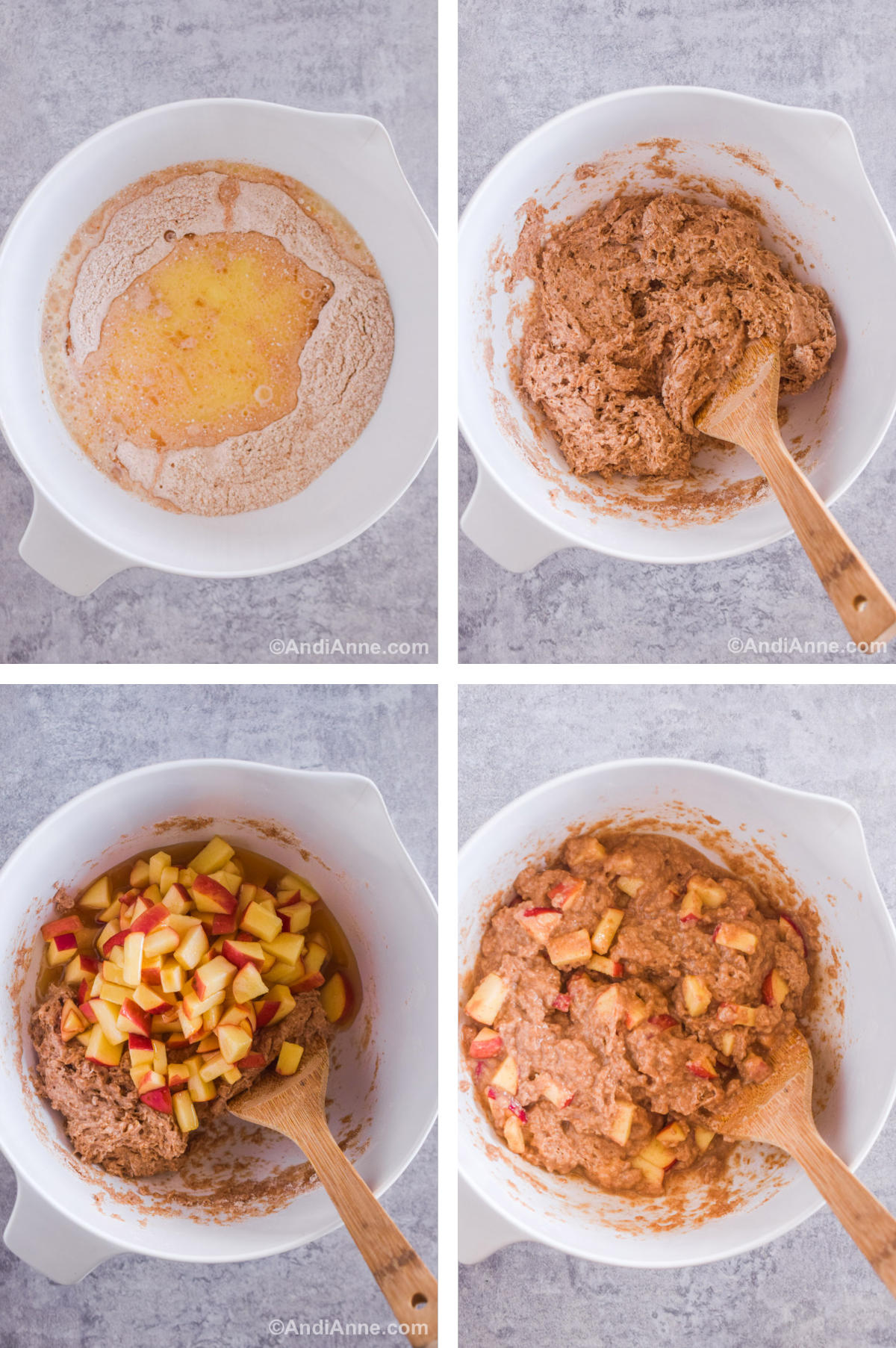 Four overhead images in one: 1. Wet ingredients added to dry. 2. Wet and dry ingredients mixed. 3. Apples added to batter. 4. Apples mixed into batter. 