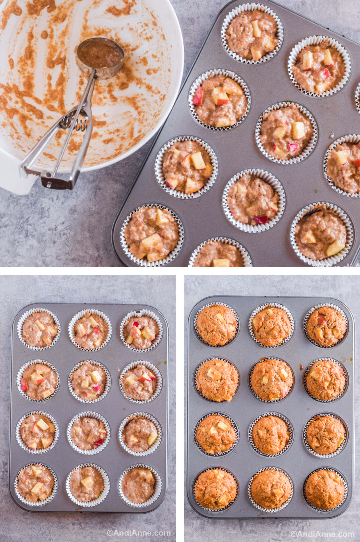 Three overhead images in one: 1. Batter added to muffin tin. 2. Batter added to muffin tin full view. 3. View of all muffins in tin and baked. 