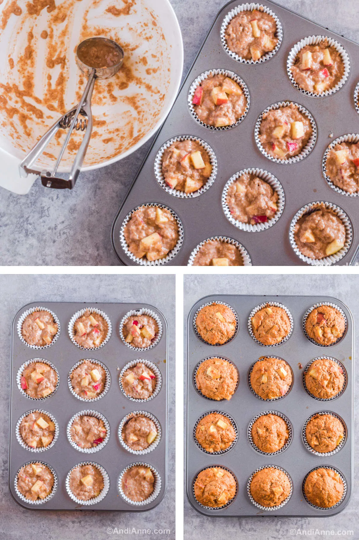 Three overhead images in one: 1. Batter added to muffin tin. 2. Batter added to muffin tin full view. 3. View of all muffins in tin and baked. 