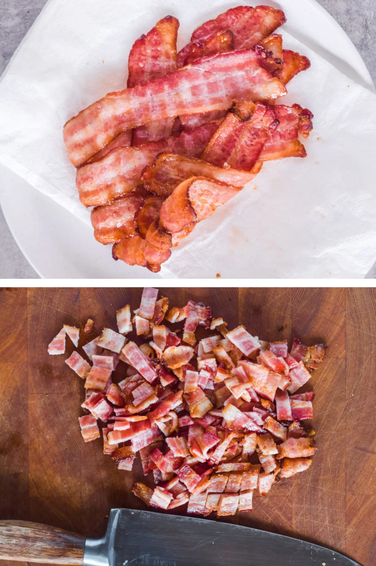 Two overhead images in one: 1. Cooked bacon on paper towel. 2. Chopped bacon on cutting board with chef knife. 