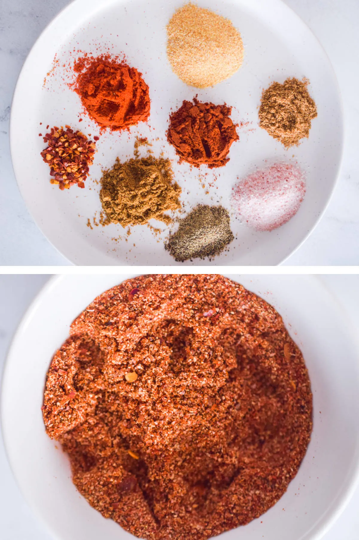 Two overhead images in one: 1. All the spices on a white plate in individual piles. 2. All the spices in a bowl mixed together. 