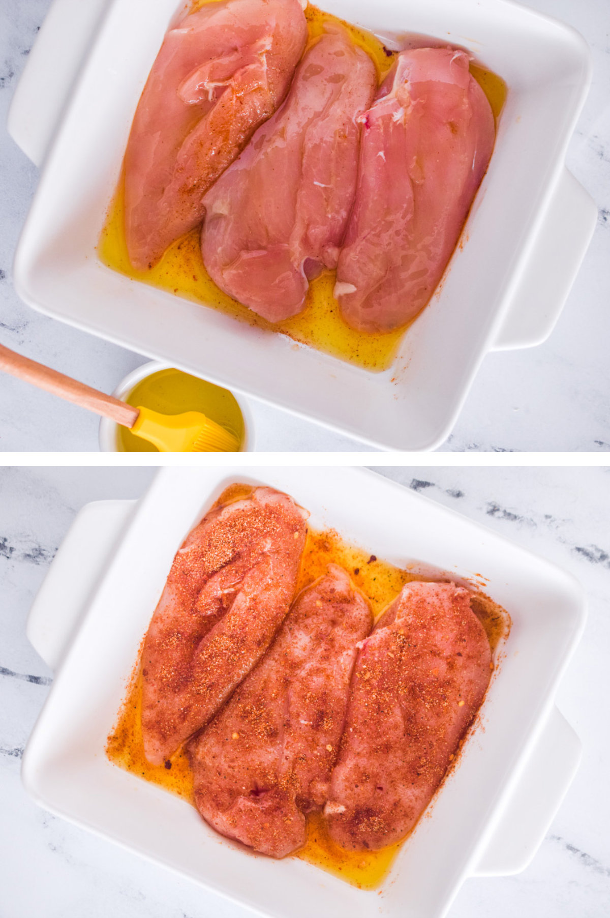 Two overhead images in one: 1. Raw Chicken breasts in a white baking dish with oil. 2. Chicken breasts are sprinkled with seasoning. 