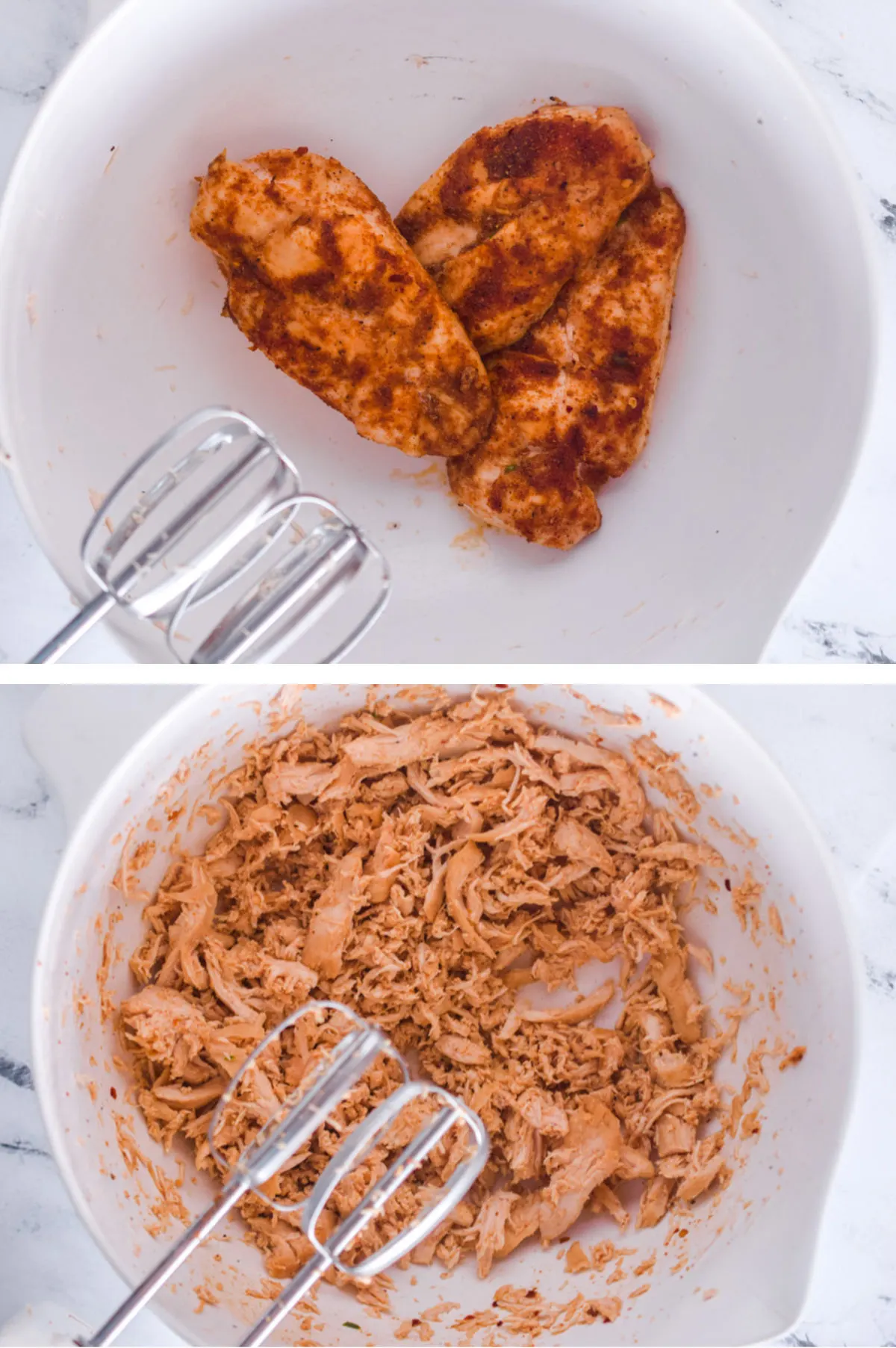 Two overhead images in one: 1. Chicken breasts are in a white plastic bowl. 2. Chicken breasts are shredded with hand mixer. 