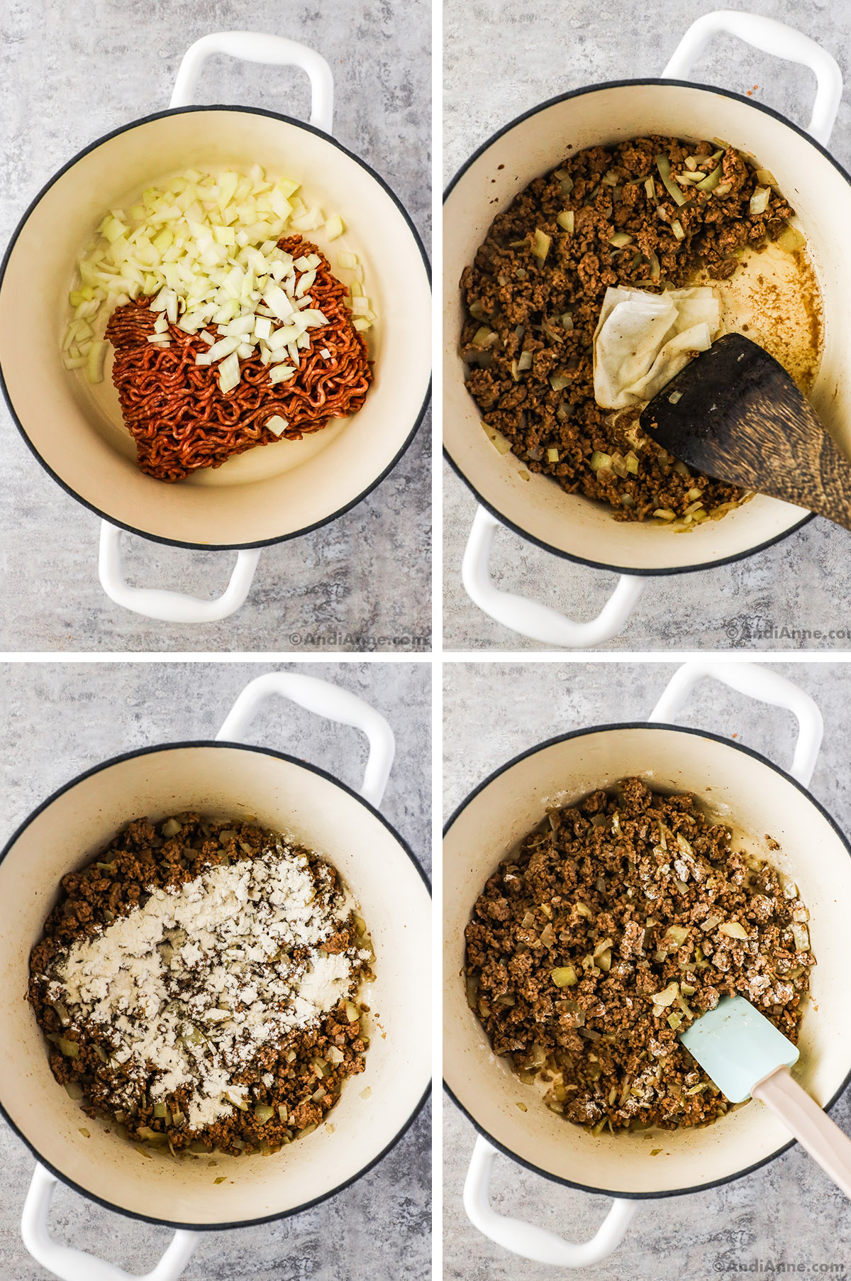 Four images of a pot. First is ground beef and chopped onion. Second is cooked ground beef and onion in pot with wood spatula and folded paper towel. Third is flour sprinkled over cooked ground beef. Last has ingredients mixed together with ground beef.