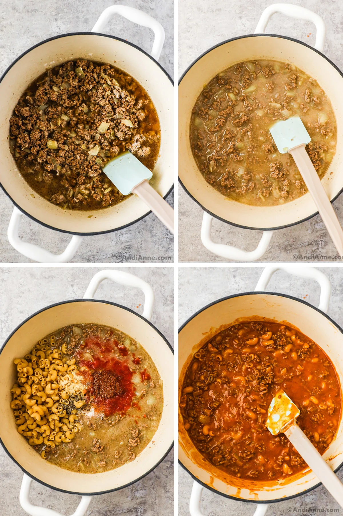 Four images grouped together of a pot. First has ground beef, onion and liquid. Second has liquid with ground beef that's thickened. Third has pasta, spices and tomato paste dumped over ground beef. Fourth is ingredients mixed together in a red tomato sauce color..