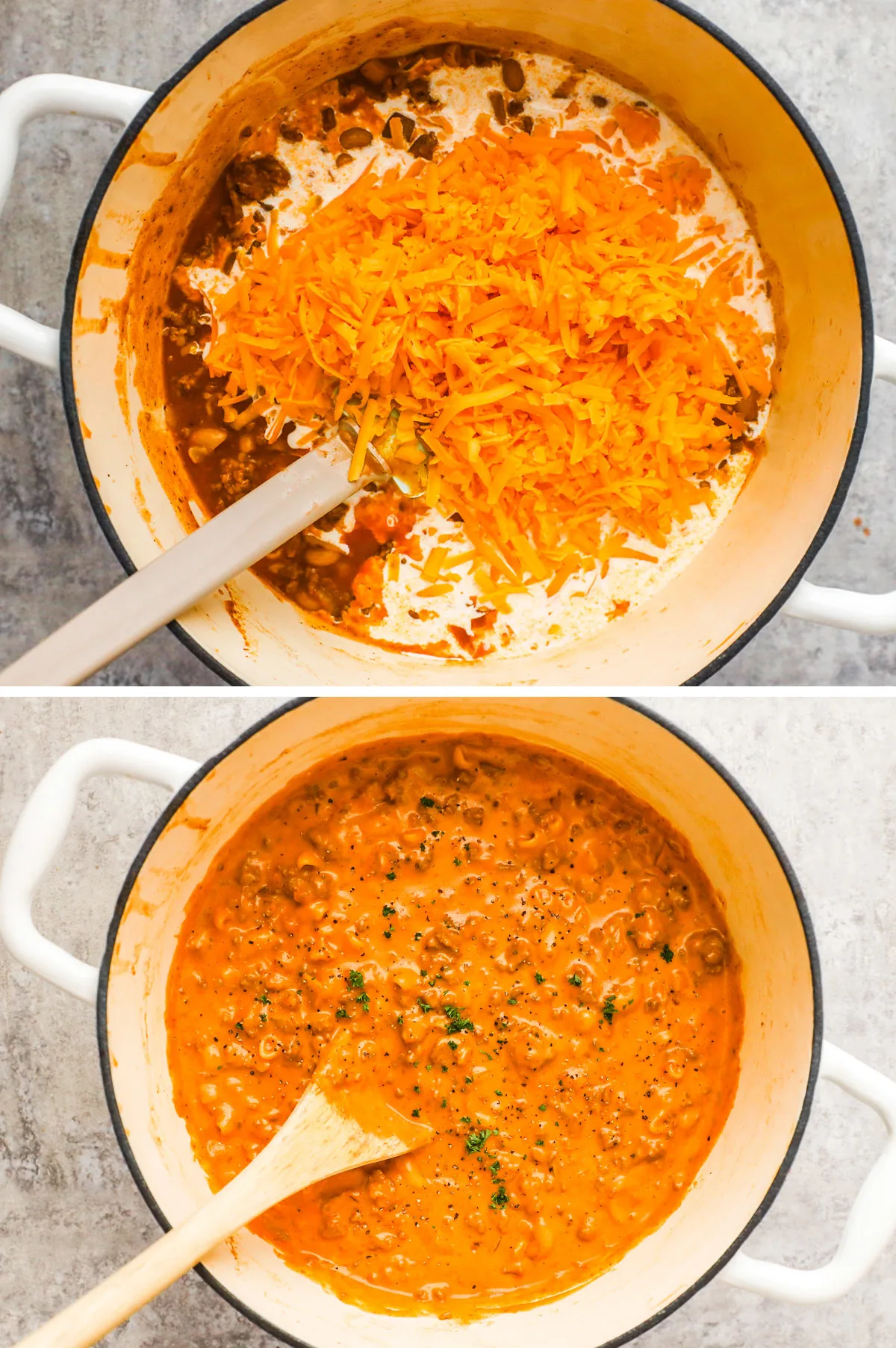 Two image of a pot, first with shredded cheese and cream over pasta. Second with creamy sauce mixed in with pasta.